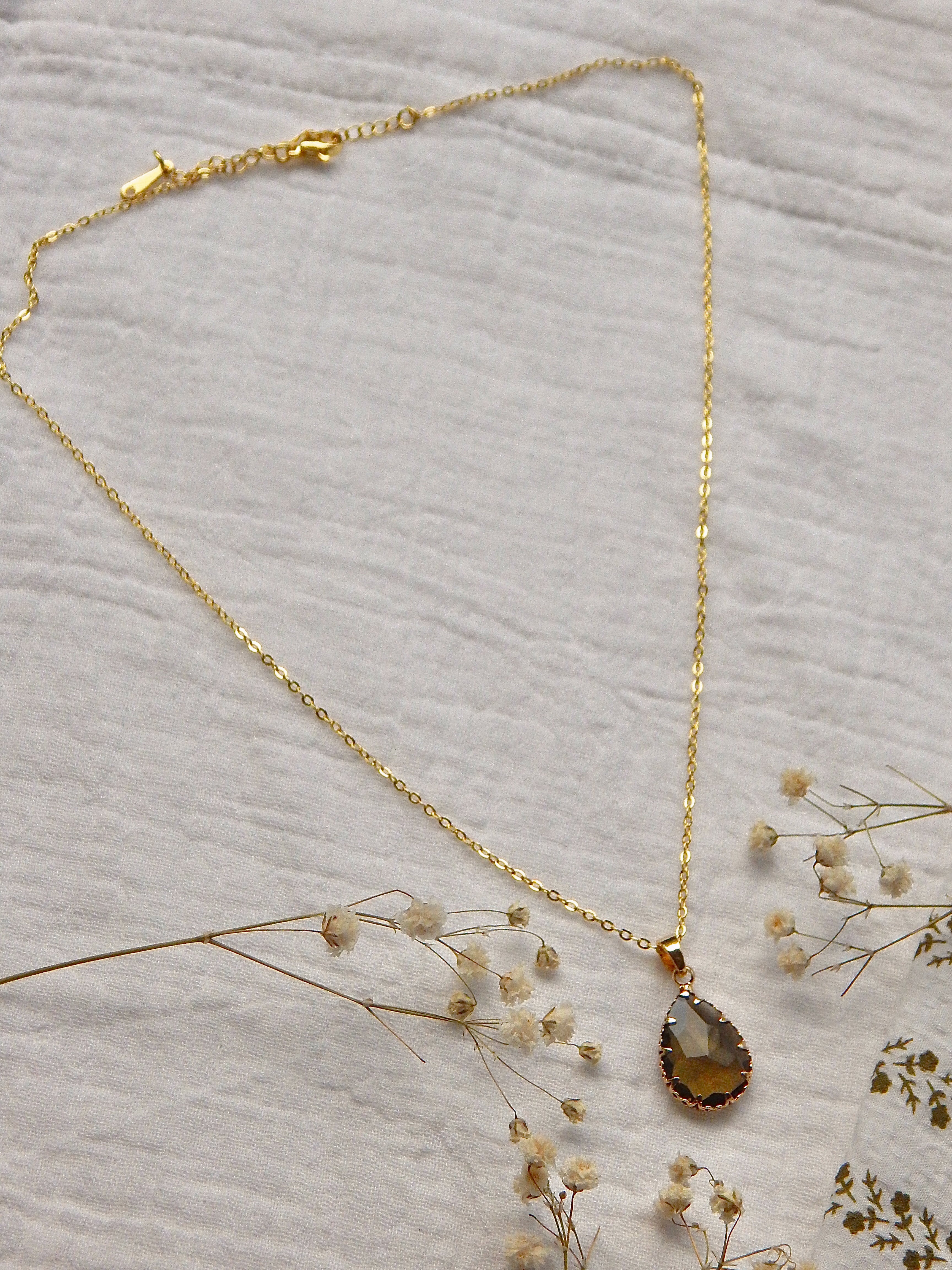 Lucite Glass Teardrop Necklace – Hardened Glass Gem on Adjustable 18k Gold Plated Chain (18–20”)