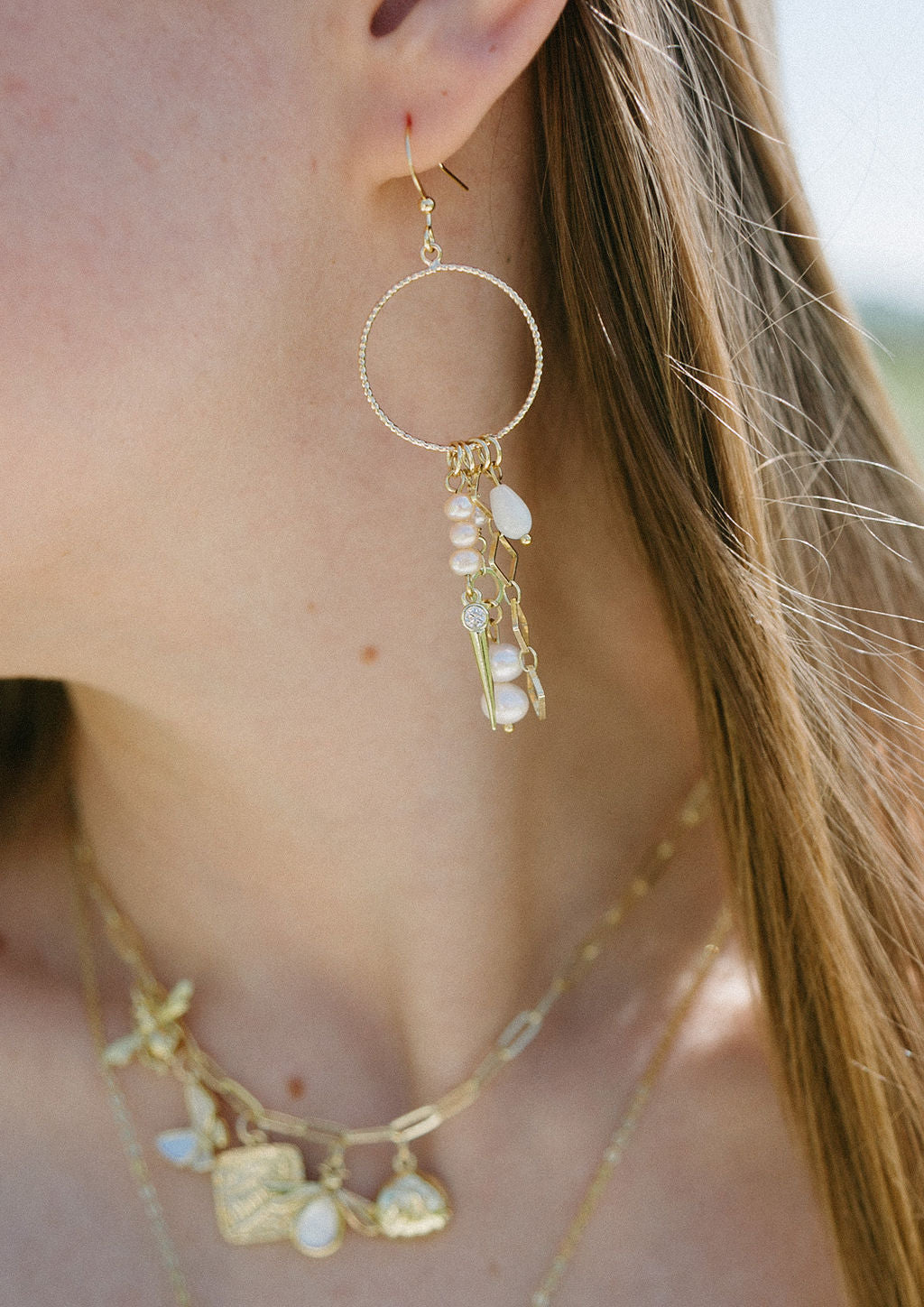 Repurposed Boho Dangle Earrings – Gold Spike, Pearl & Geometric Charms | One of a Kind Statement Jewelry