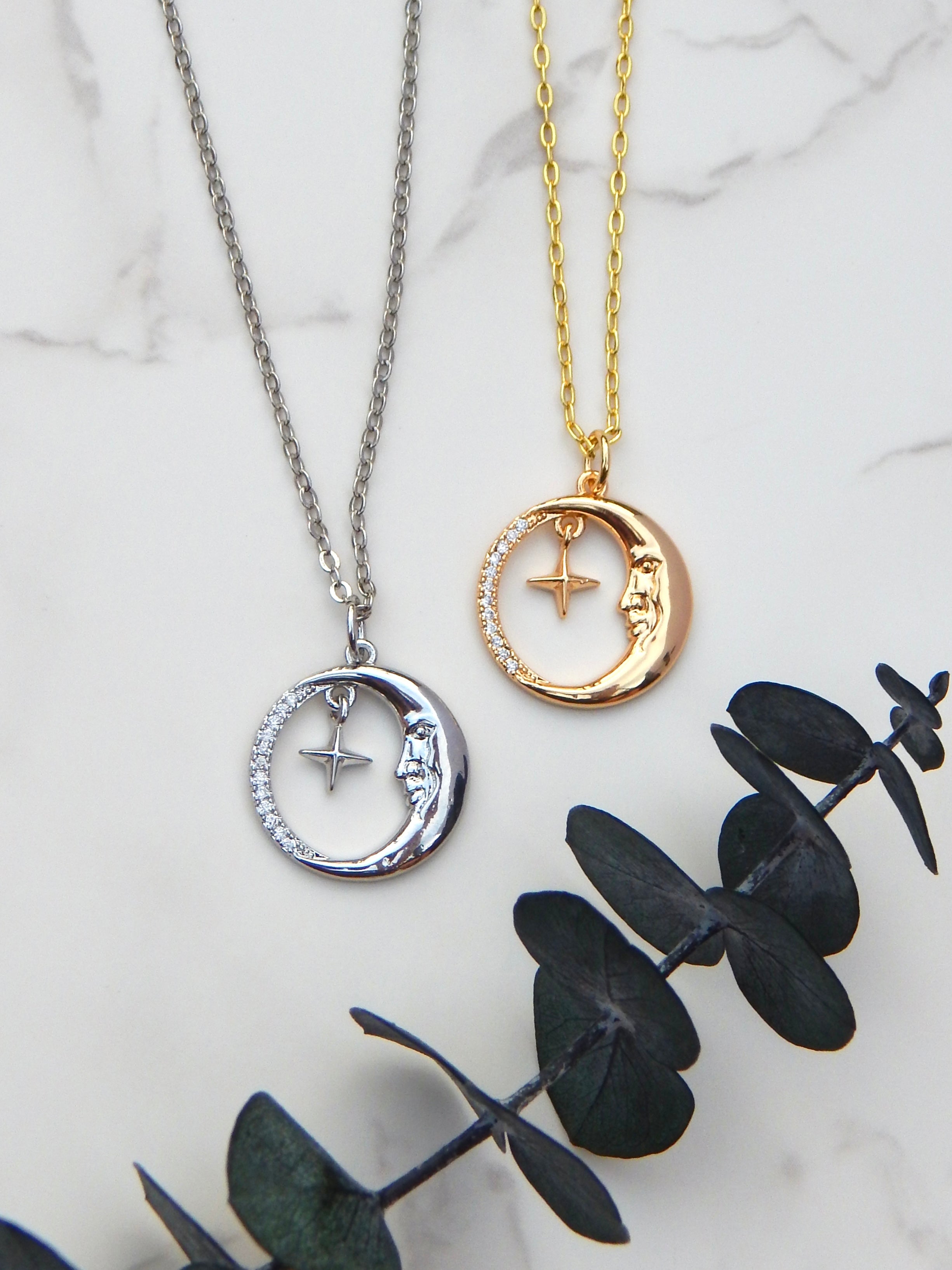 Celestial Moon & Star Necklace – Gold or Silver Lunar Face Pendant