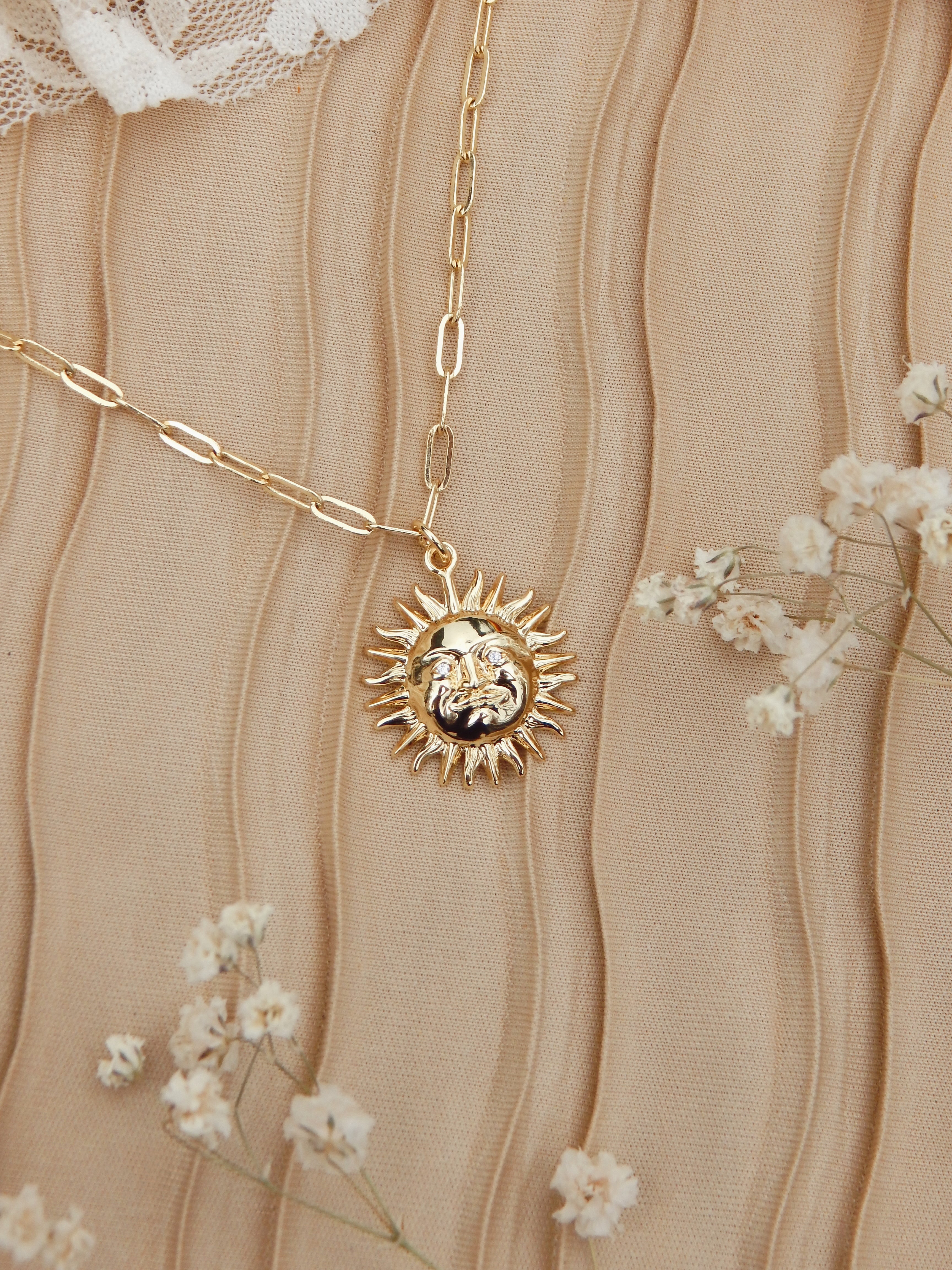 Celestial Sun Paperclip Necklace – 18k Gold Plated with Cubic Zirconia Eyes (16” & 18”)
