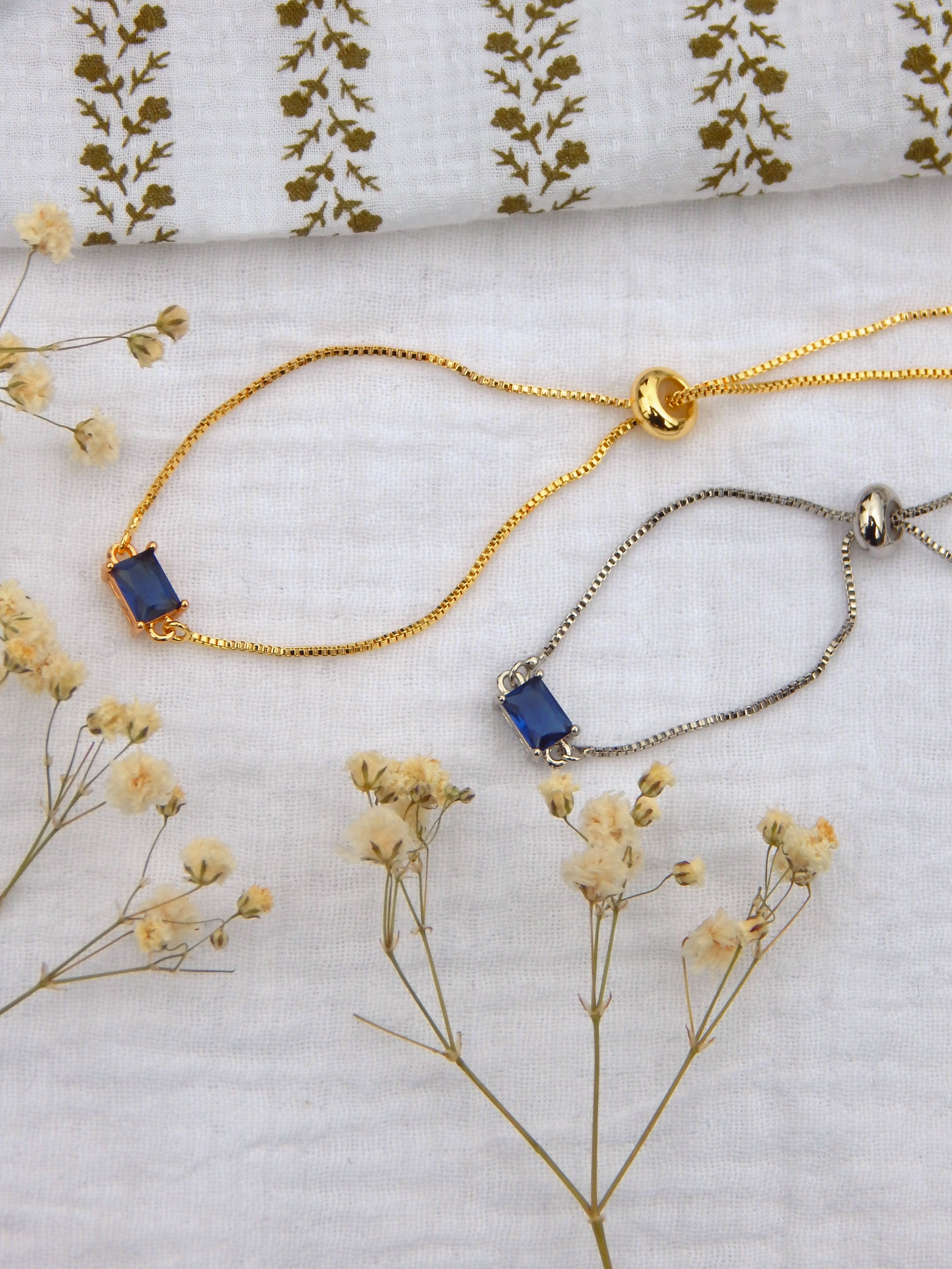 Blue CZ Adjustable Bracelet – Gold or Silver Slide Bracelet | Dainty Hypoallergenic Everyday Jewelry