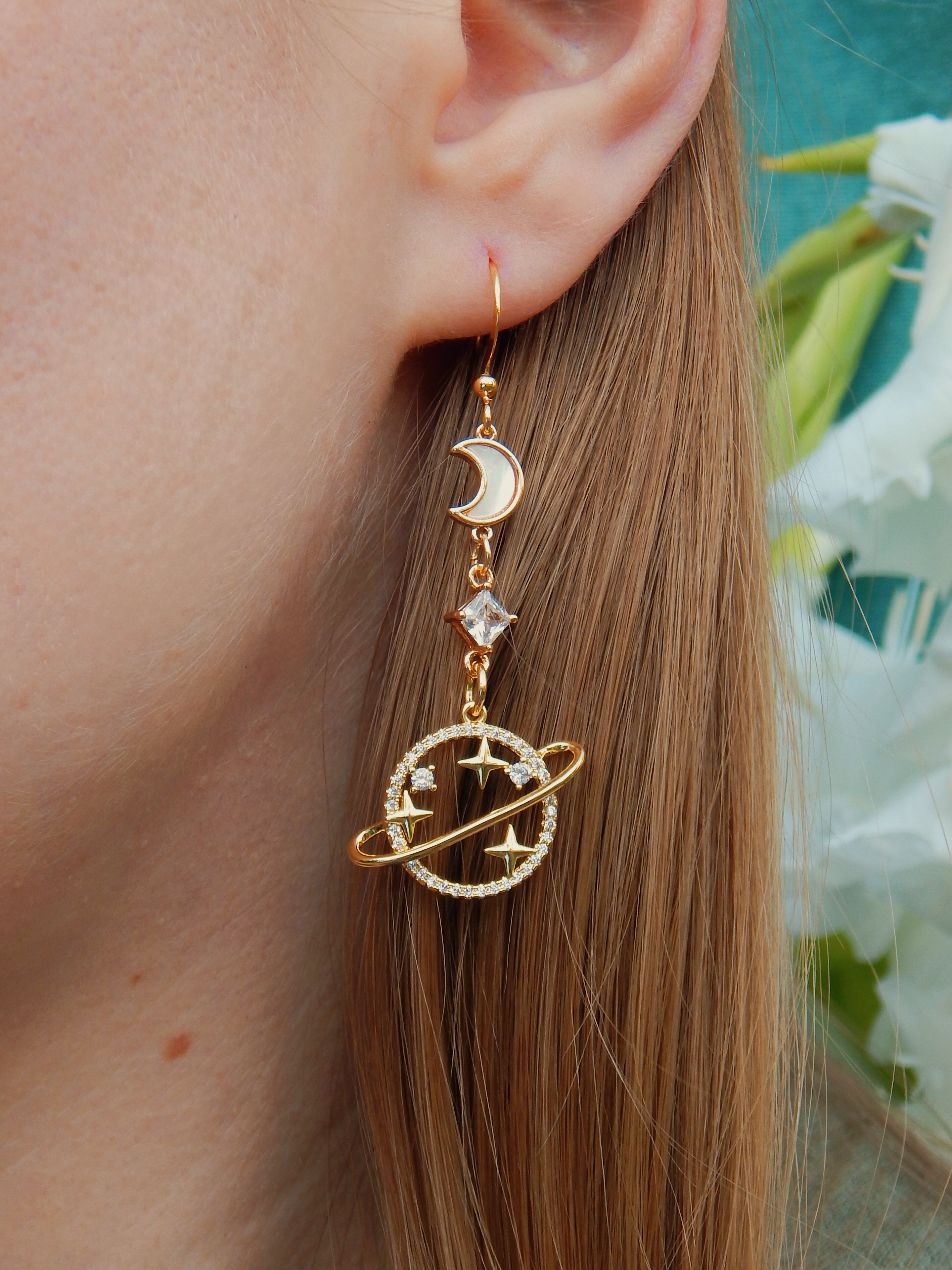 Galaxy Earrings – Celestial Moon & Planet Statement Dangle Drops