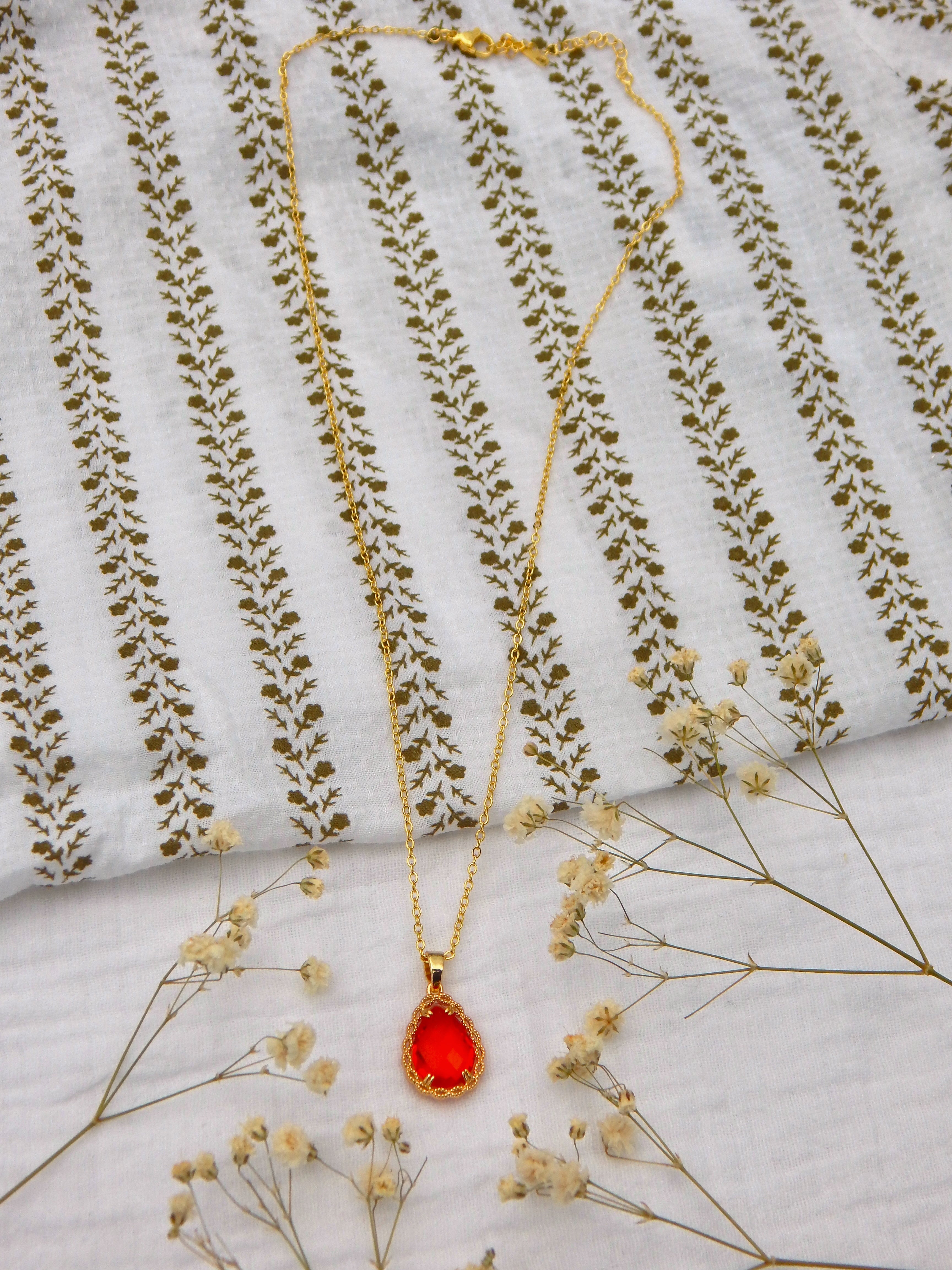 Red Teardrop Pendant Necklace Gold Hardened Glass Jewelry | Hypoallergenic Tarnish Resistant