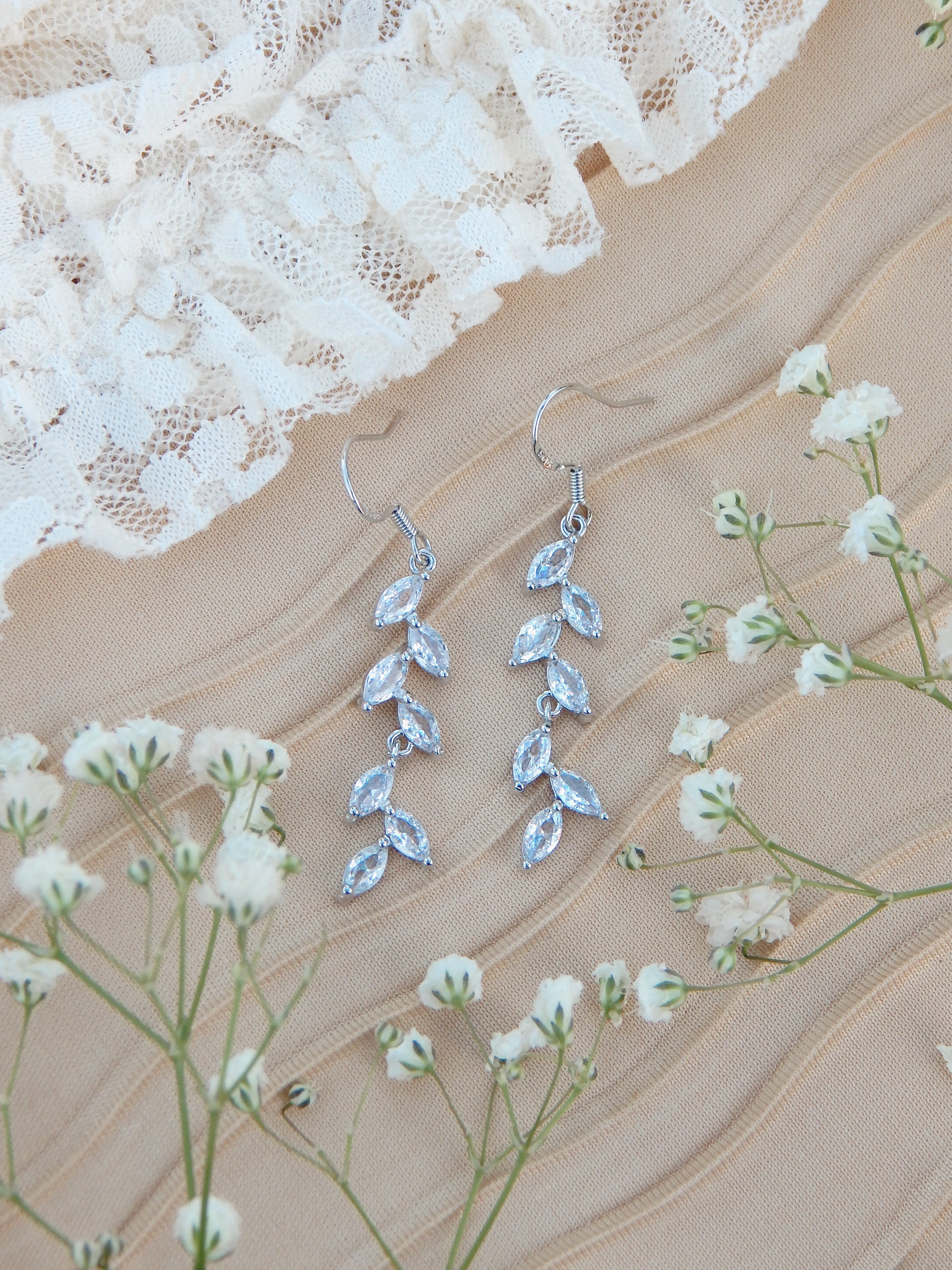 Bloom Earrings – Gold & Silver Cubic Zirconia Leaf Dangle Jewelry