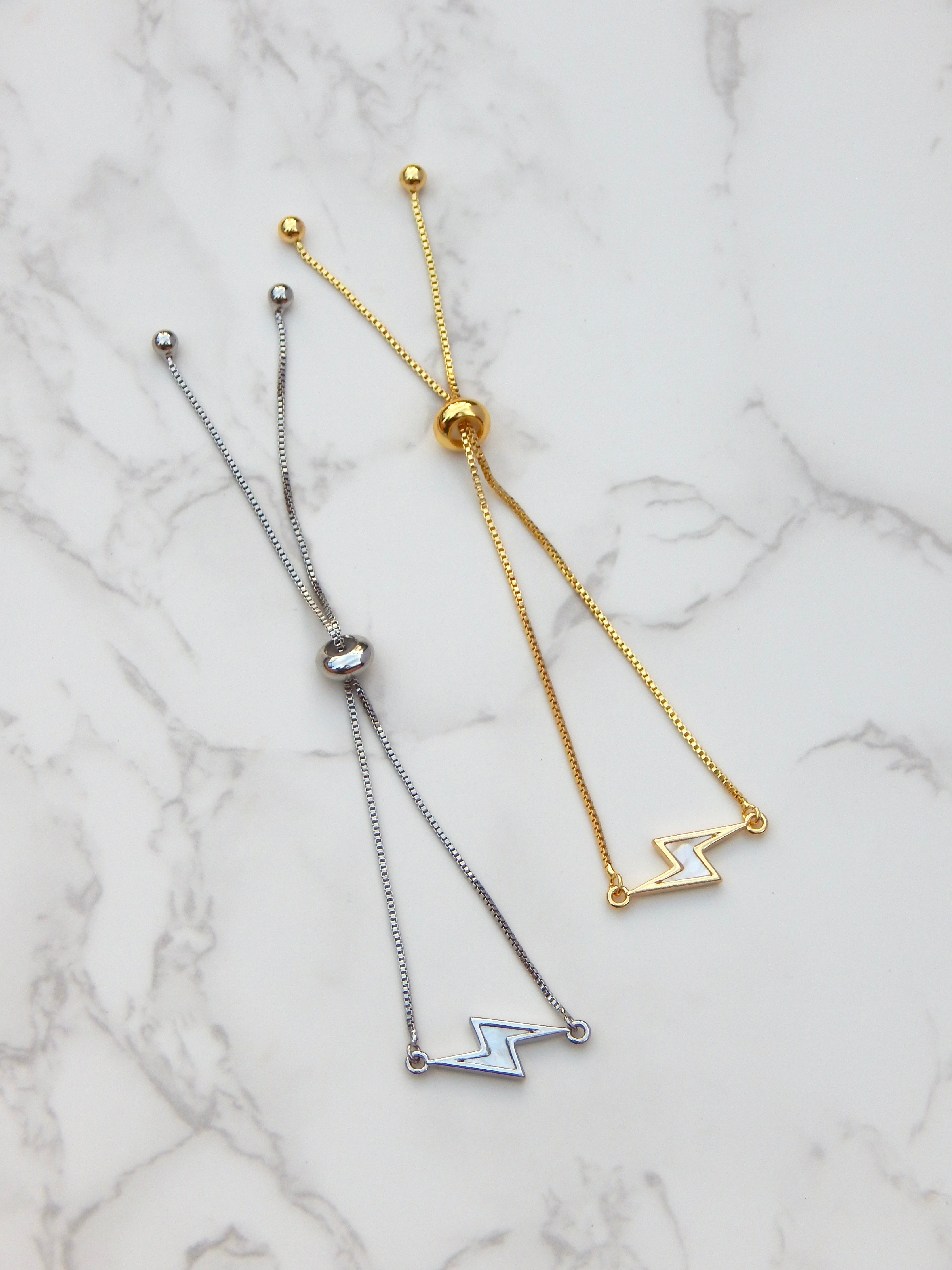 Bolt Bracelet – Dainty Adjustable Gold or Silver Mother of Pearl Lightning Charm