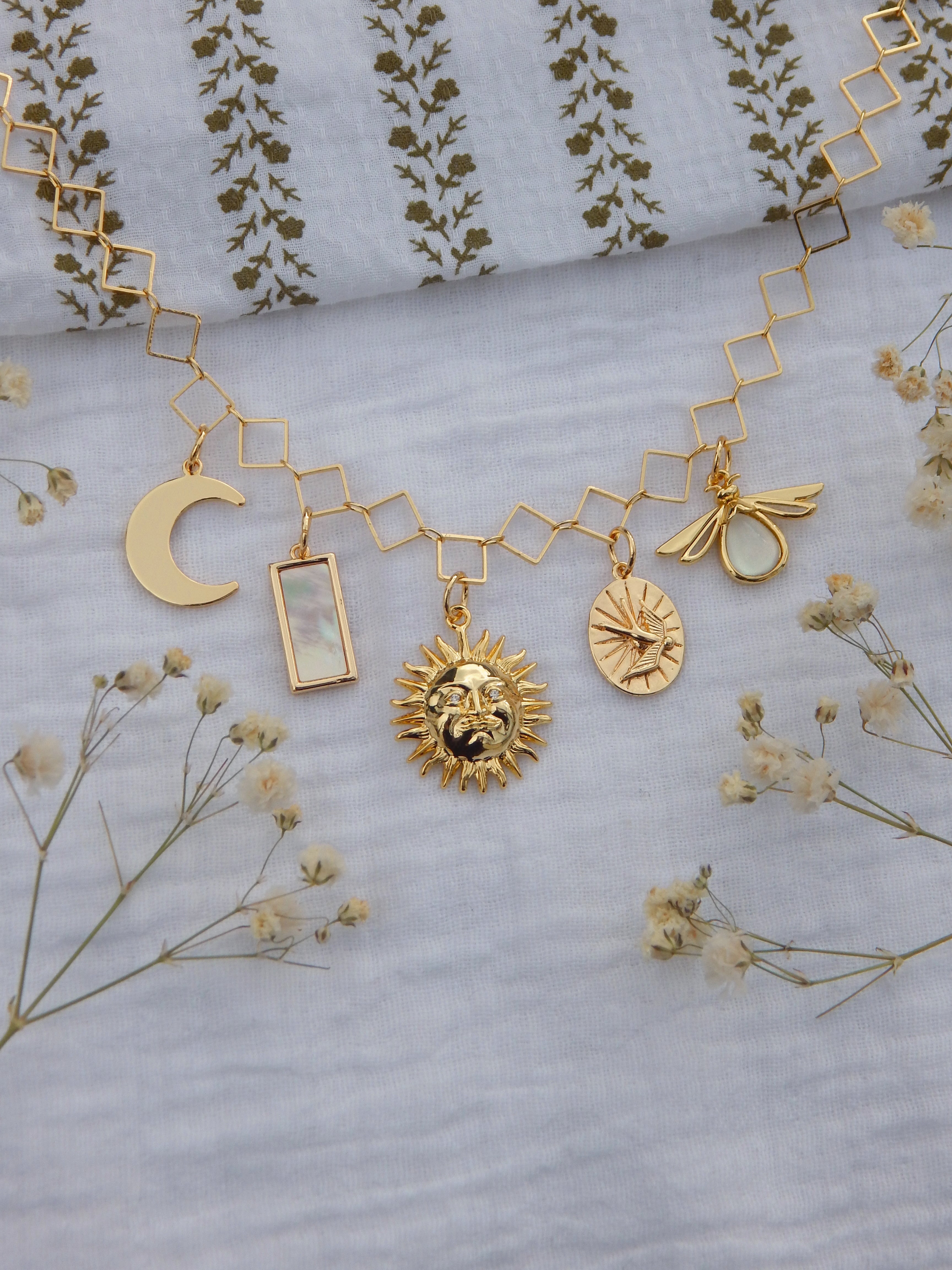 One-of-a-Kind Celestial Charm Necklace | Moon, Sun & Firefly Pendant | Mother of Pearl Rectangle | Dainty Diamond Chain | Gold Hypoallergenic Necklace