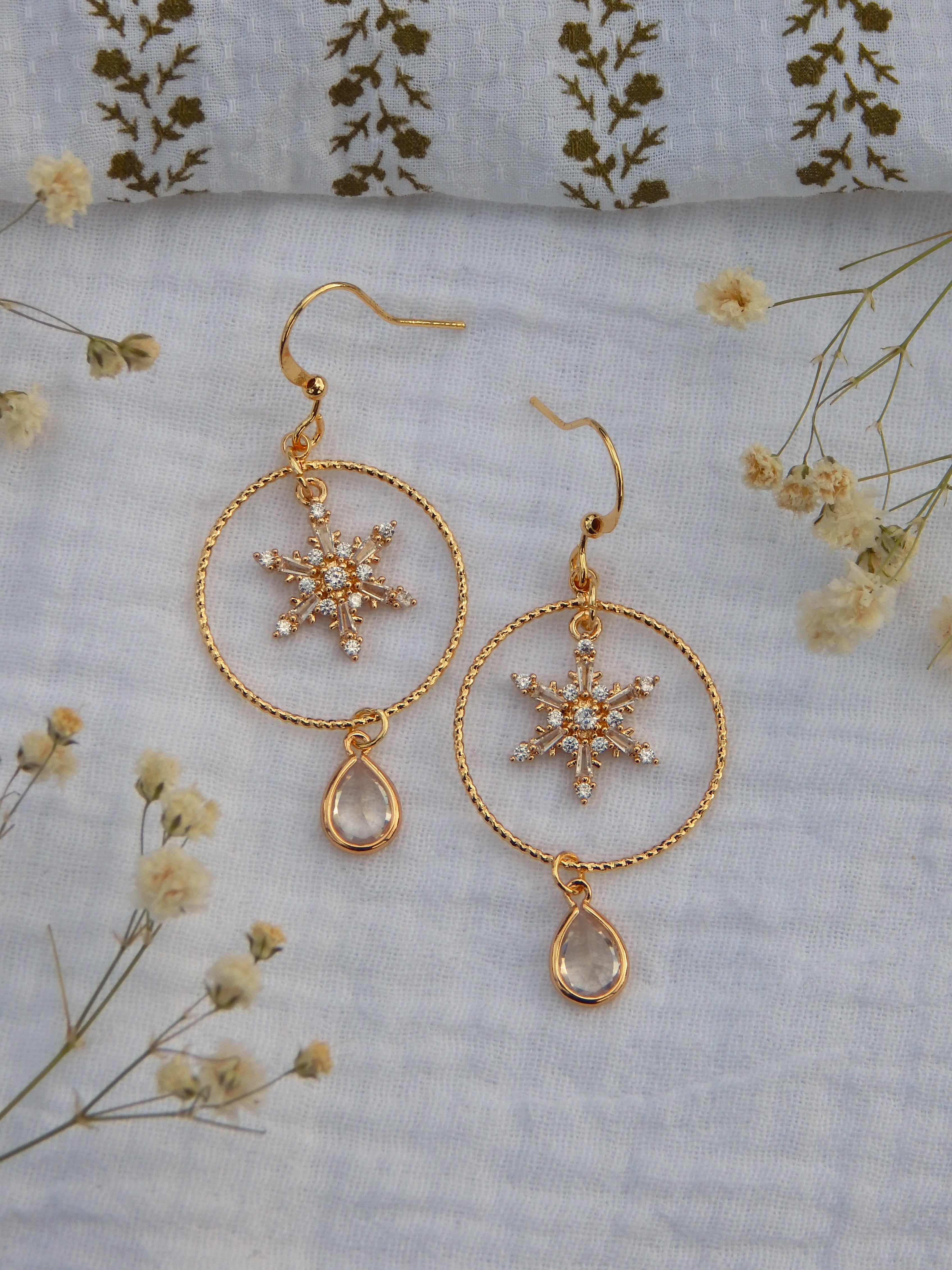 CZ Snowflake Hoop Earrings – Winter Drop Earrings with Clear Hardened Glass Teardrop | Hypoallergenic