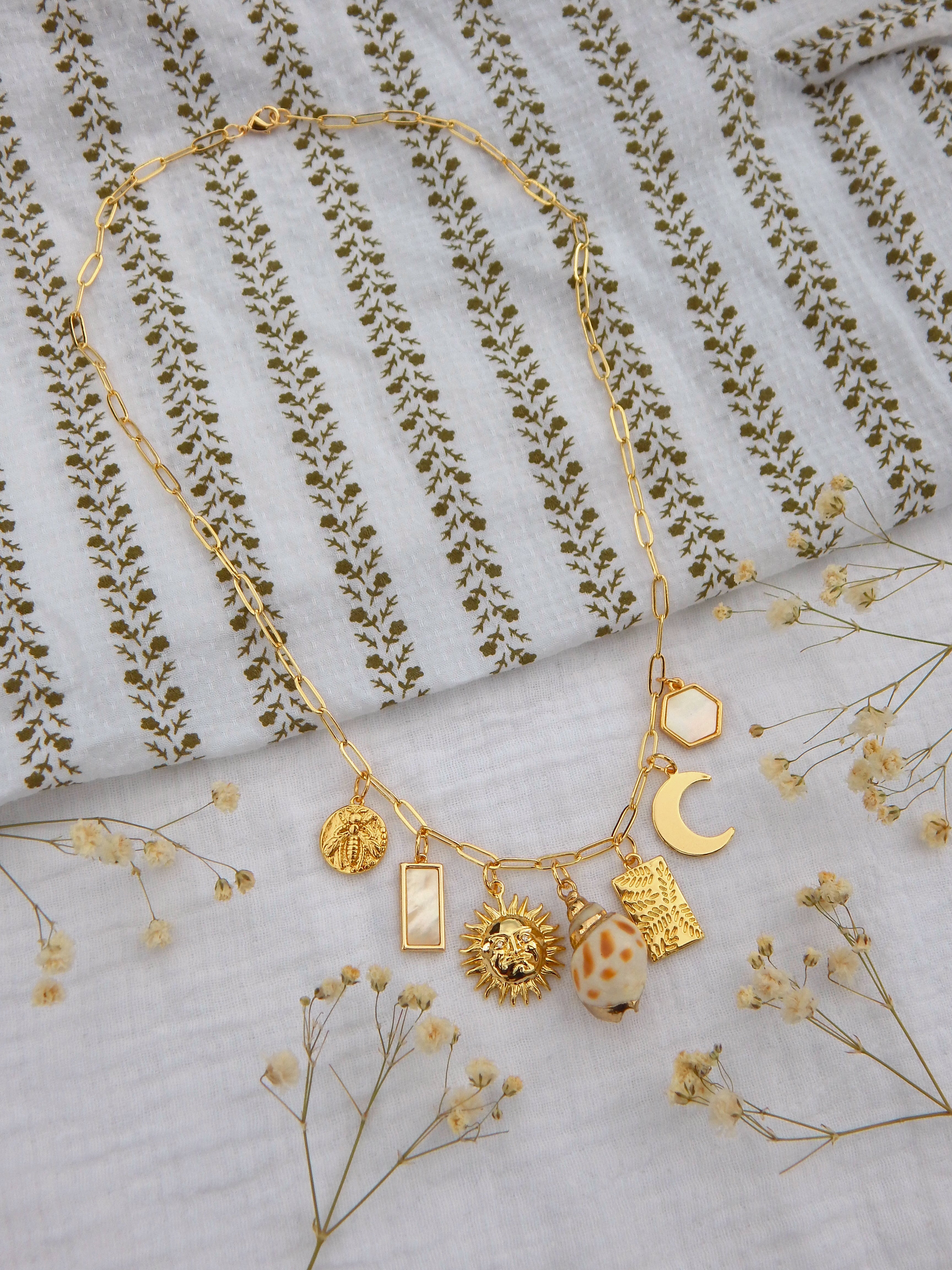 One-of-a-Kind Coastal Charm Necklace | Sun & Moon Pendant | Natural Seashell, Bee Charm & Mother of Pearl Accents | 18” Gold Paperclip Chain