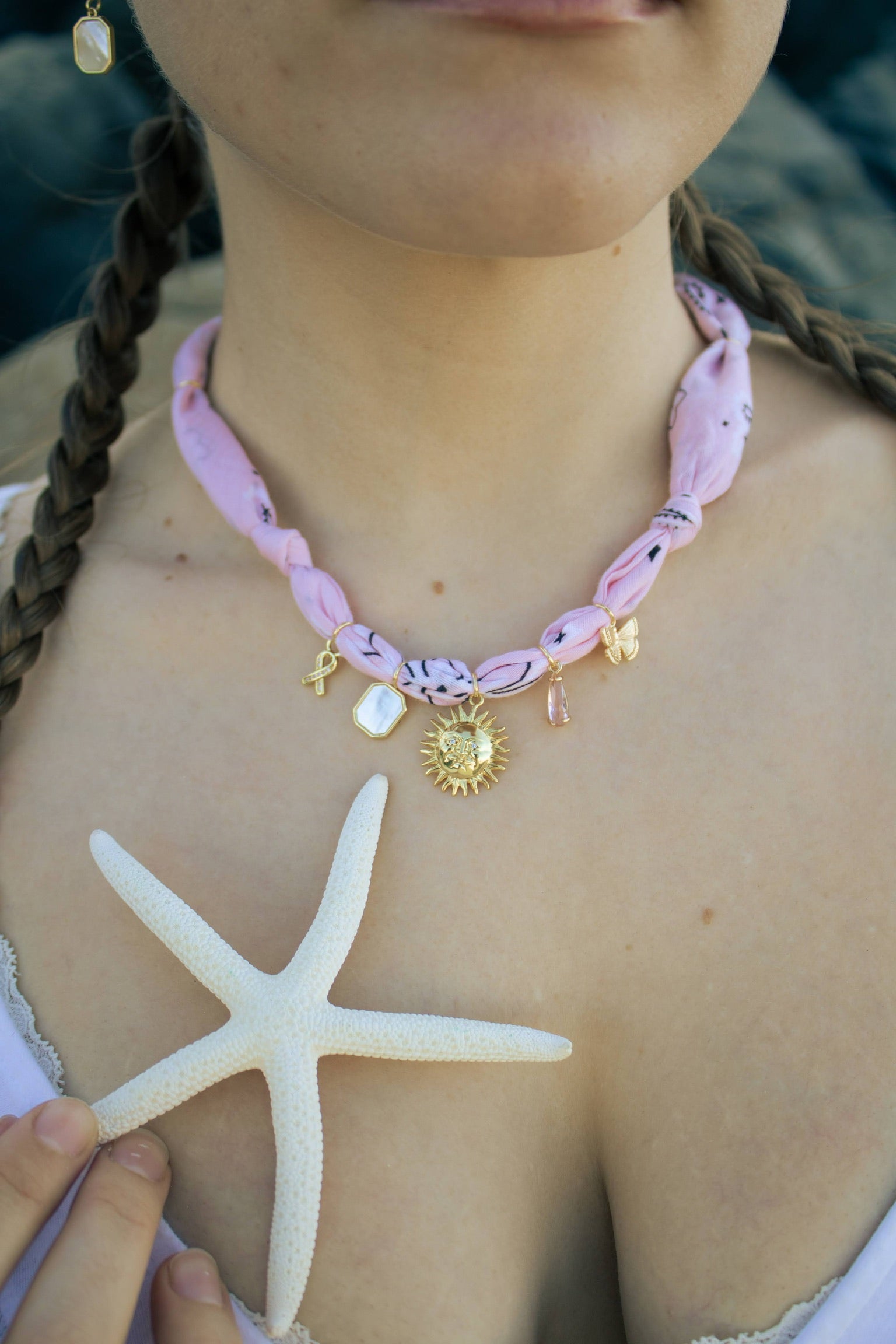 Ray of Hope Bandana Charm Necklace – Adjustable 20” Max | 18k Gold Accents & Mother of Pearl