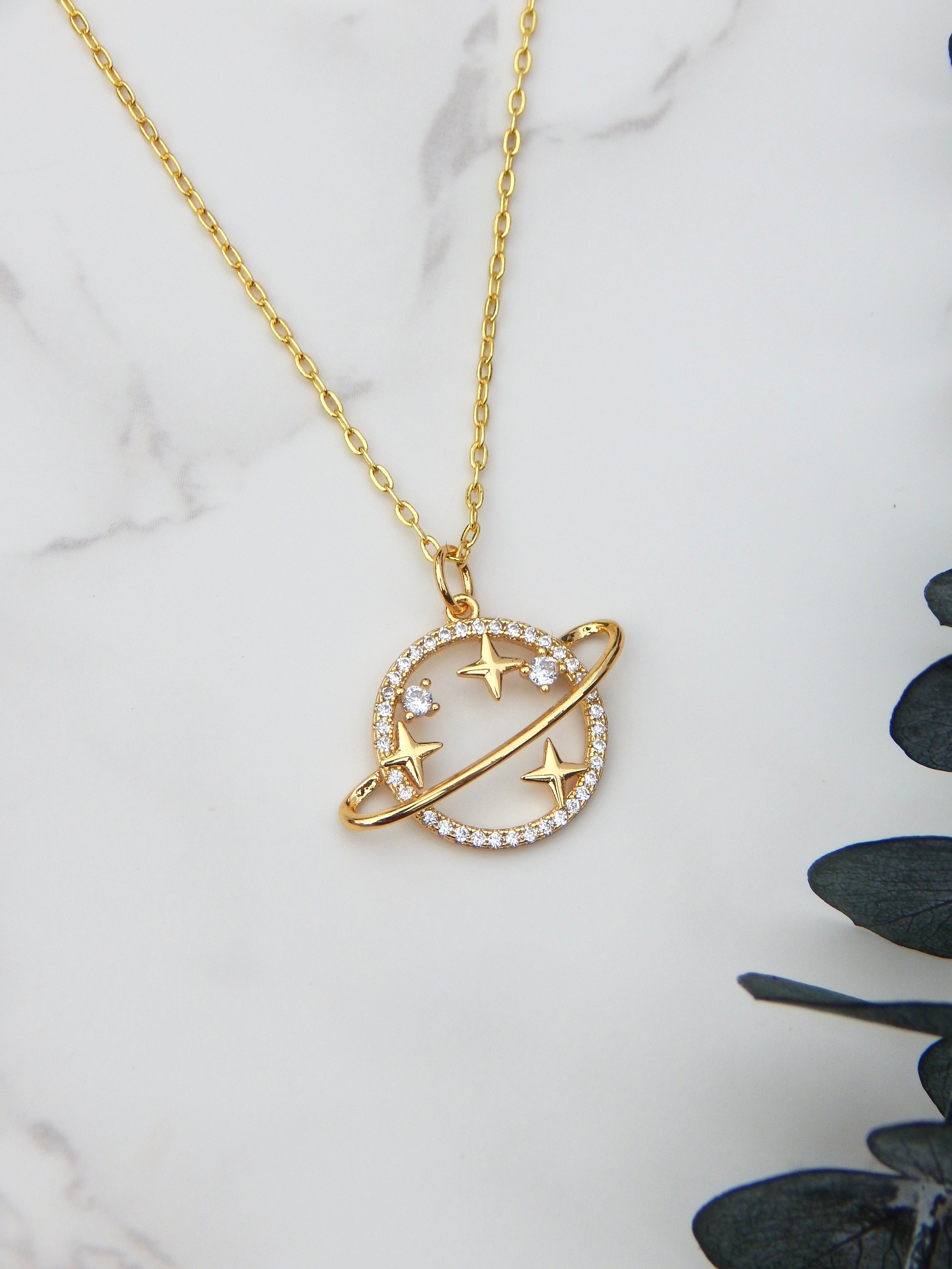 Saturn Necklace – Dainty Celestial Planet Pendant in Gold or Silver