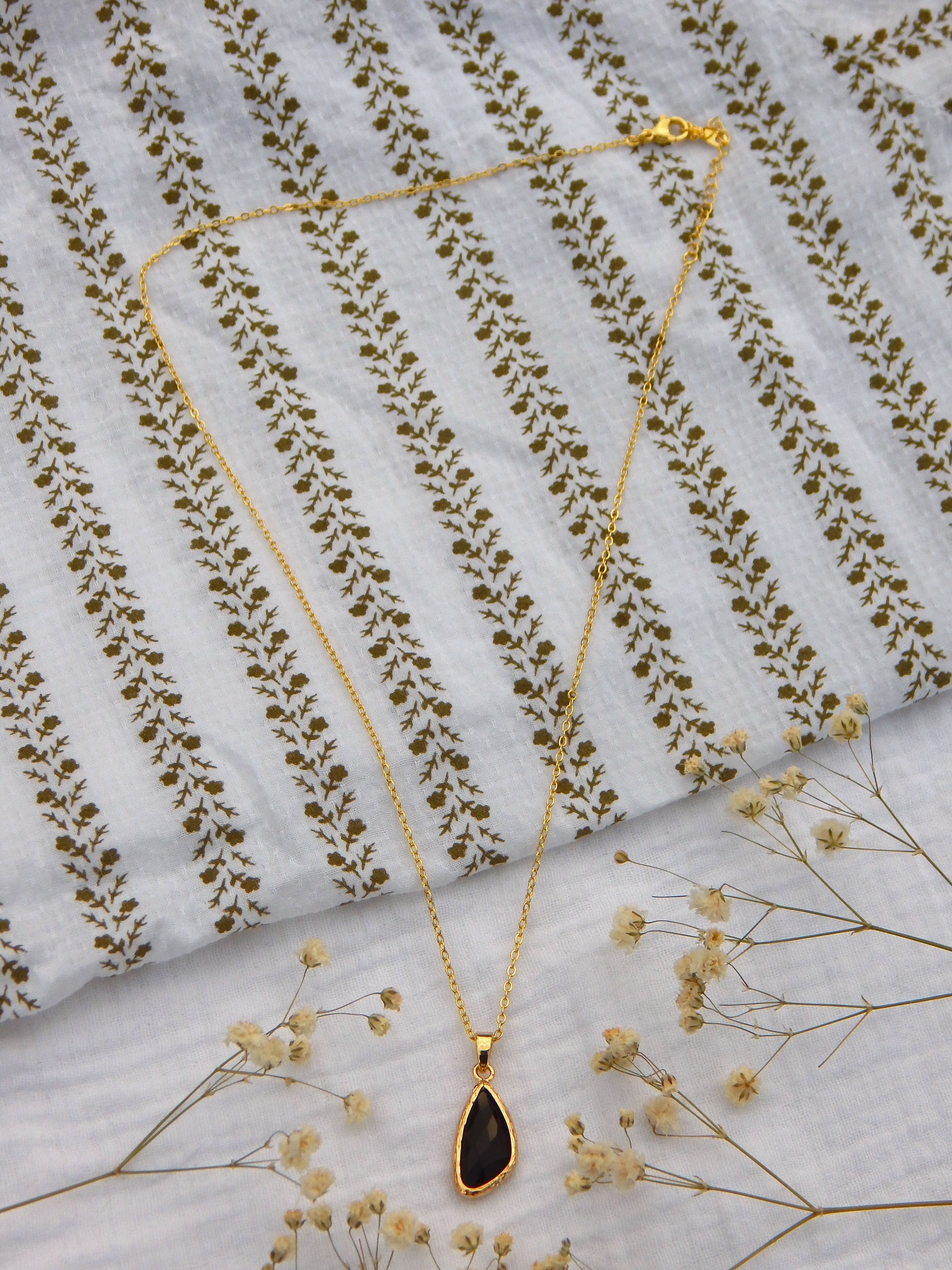 Black Teardrop Hardened Glass Necklace | Gold Dainty Pendant | Hypoallergenic Tarnish Resistant Jewelry