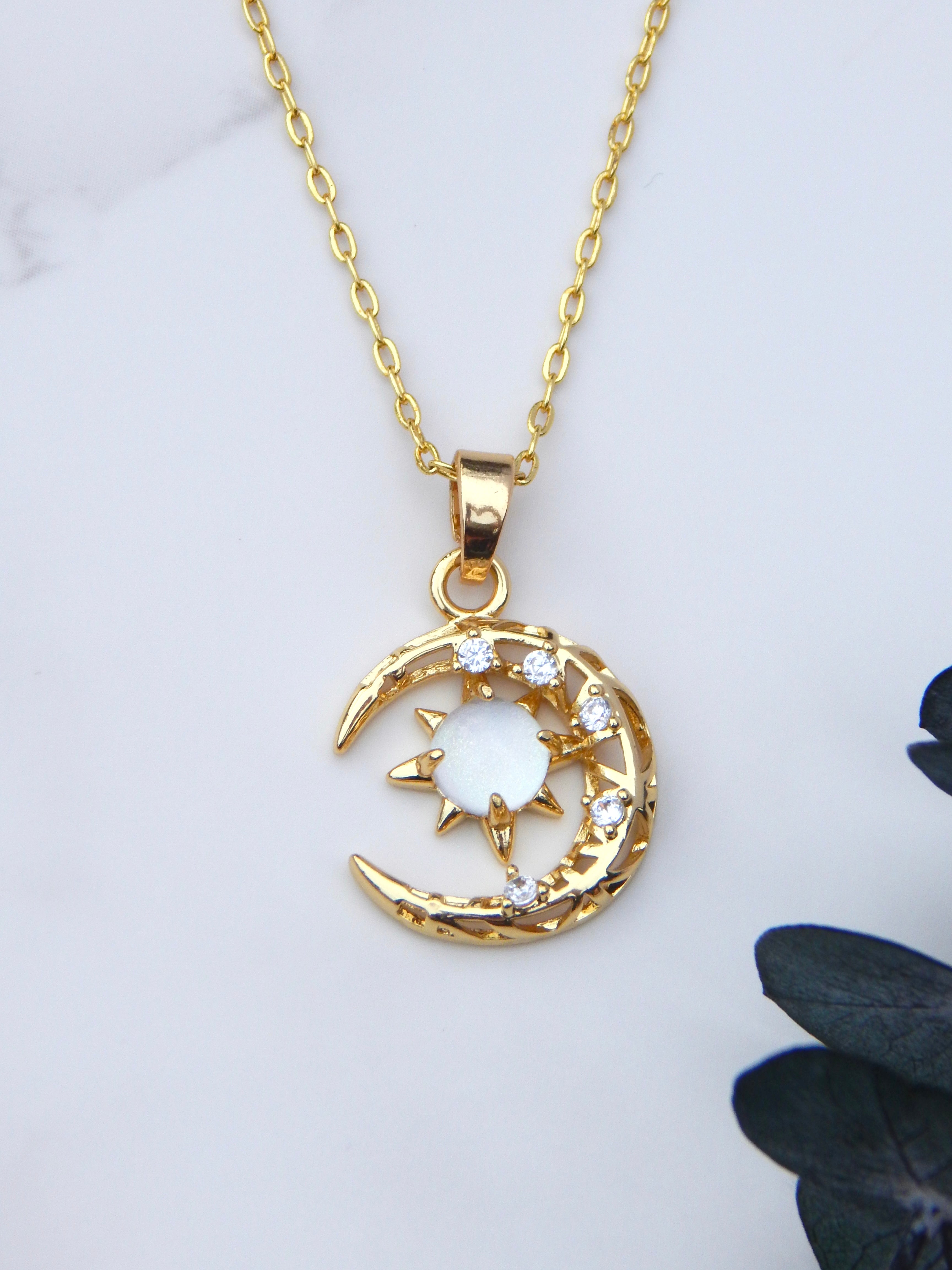 Cosmos Glow Necklace – Sun, Moon & Crystal Pendant in Silver or Gold