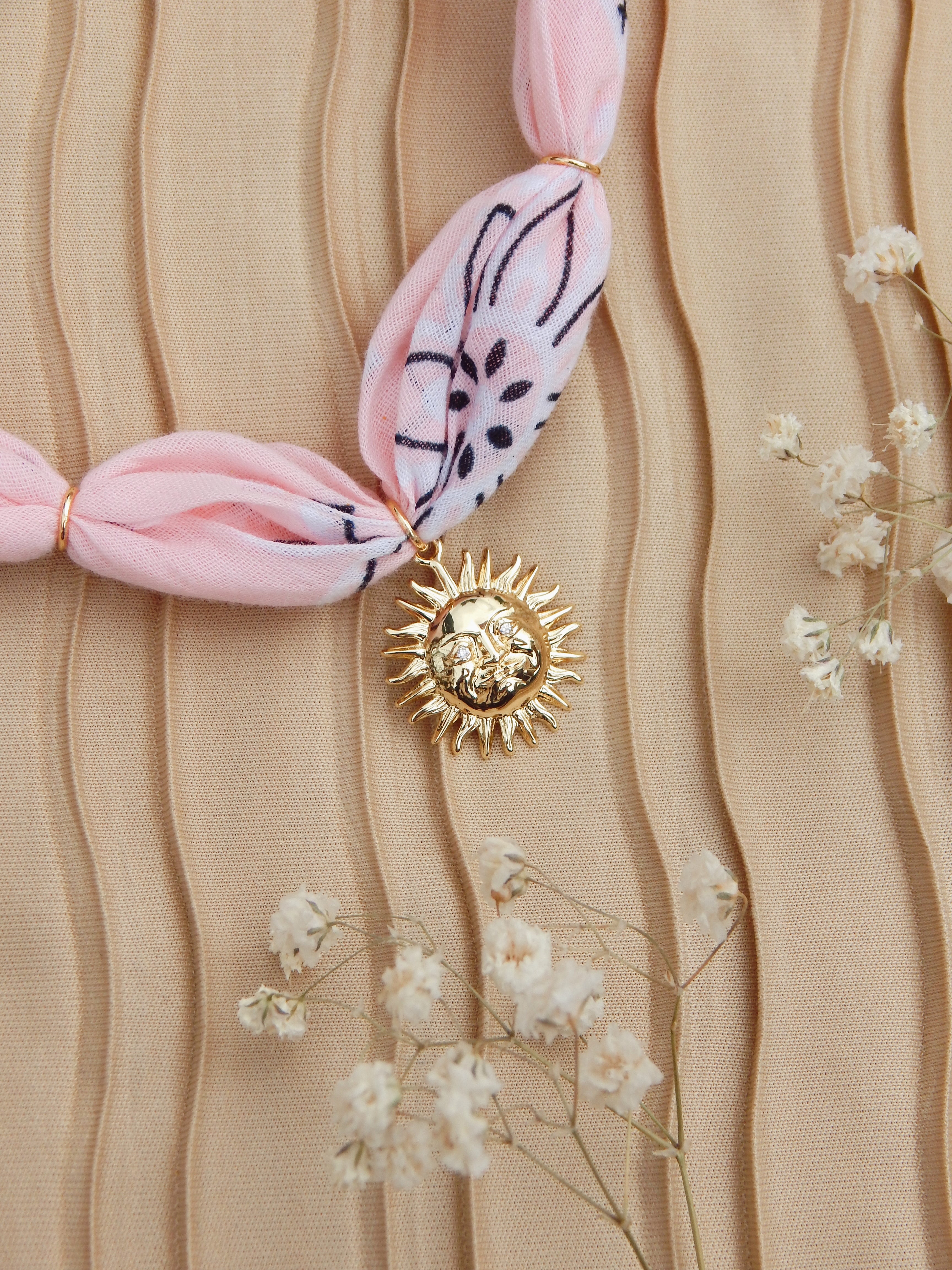 Radiant Sol Bandana Charm Necklace – Adjustable 20” Max | 18k Gold Sun Face with CZ Eyes