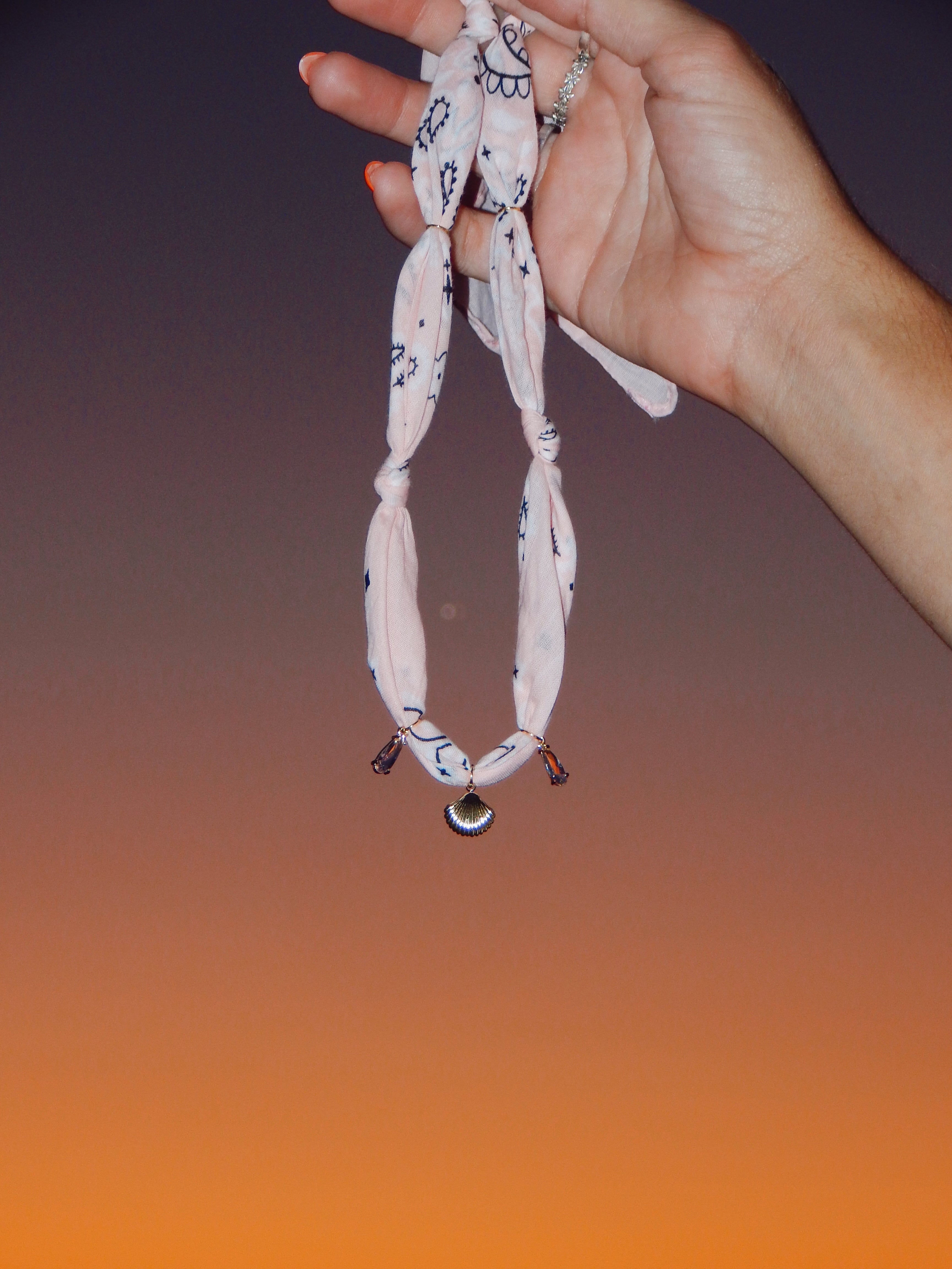 Sea of Light Bandana Charm Necklace – Adjustable 20” Max | 18k Gold Shell & Lucite Drops
