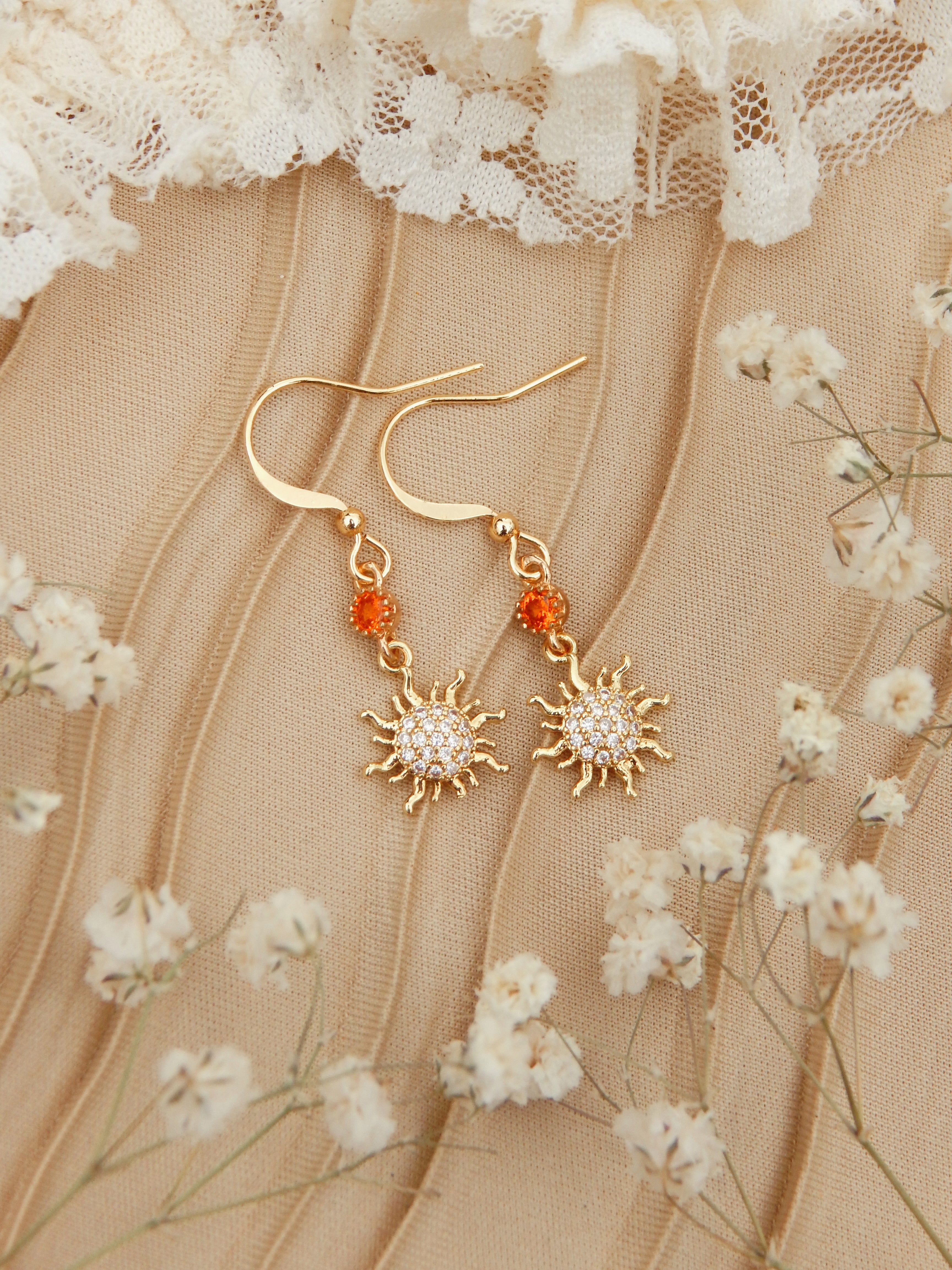 Golden Sunshine Dangle Earrings – 18k Gold Plated Sun Charms with Orange Cubic Zirconia Glow