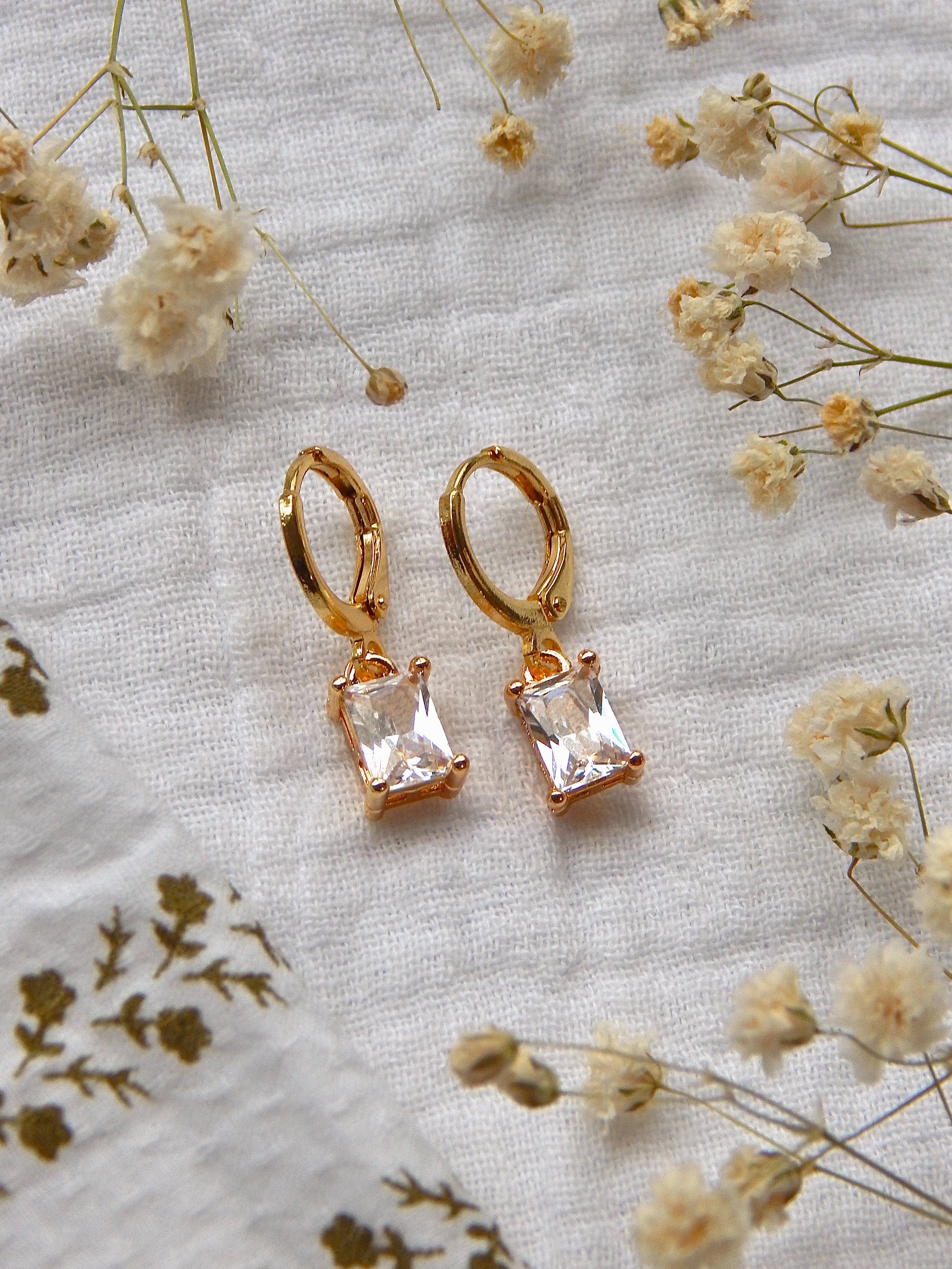 Clear CZ Rectangle Huggie Earrings – Gold Cubic Zirconia Drop Hoops | Lightweight Hypoallergenic Jewelry