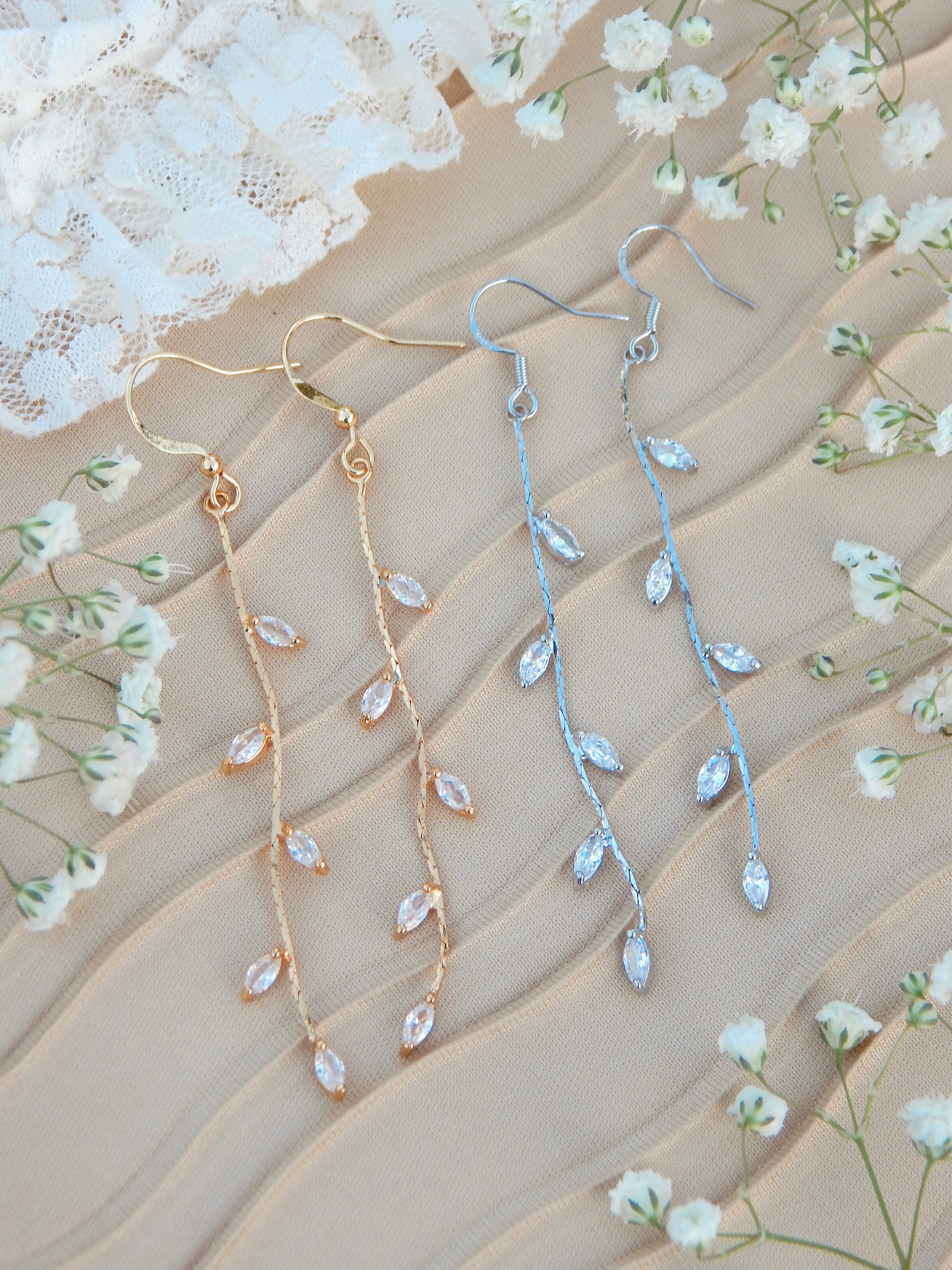 Ivy Drip Earrings – Gold & Silver Cubic Zirconia Leaf Dangle Jewelry