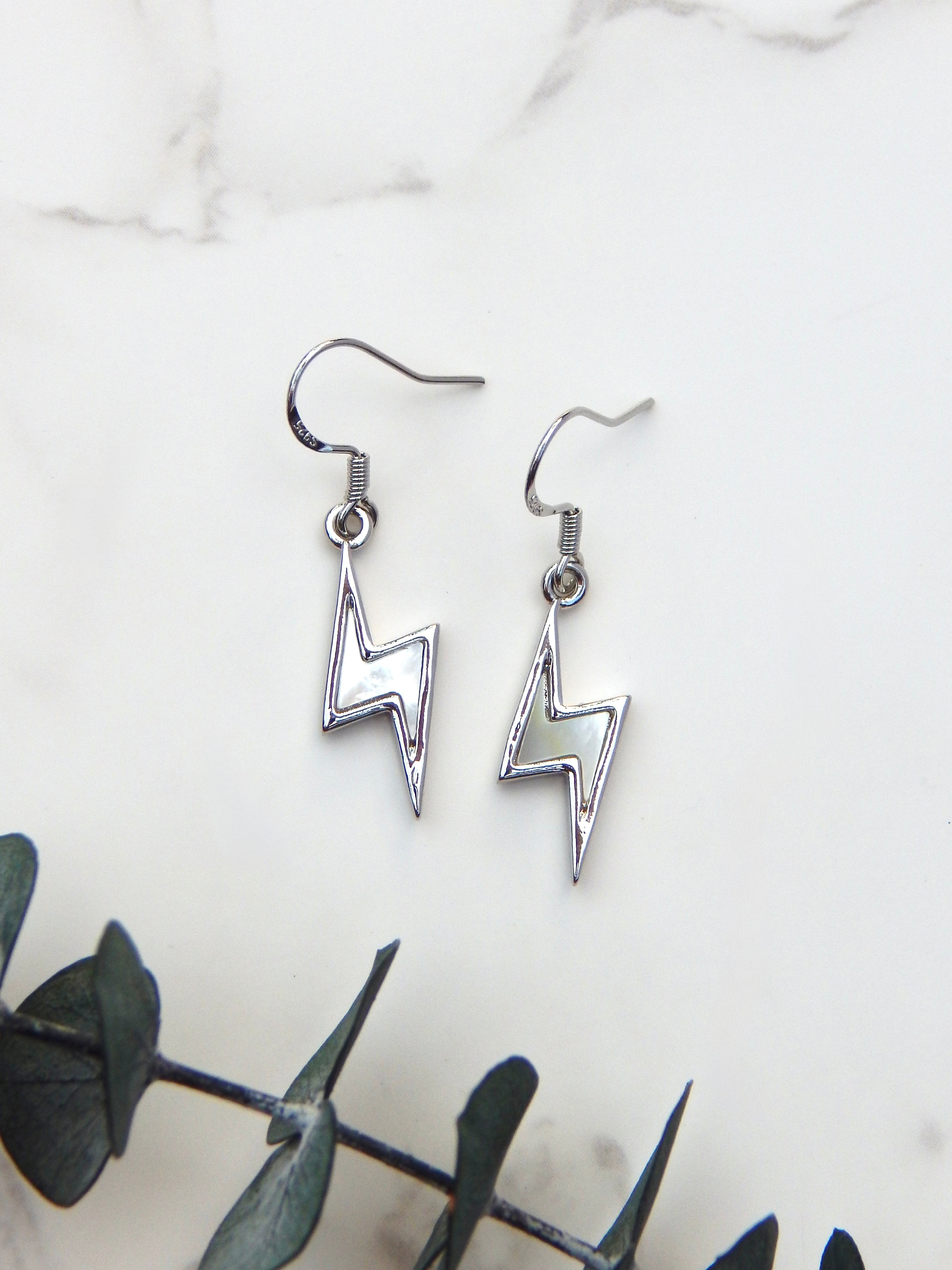 Bolt Earrings – Gold or Silver Lightning Drop Charm Dangles with Mother of Pearl