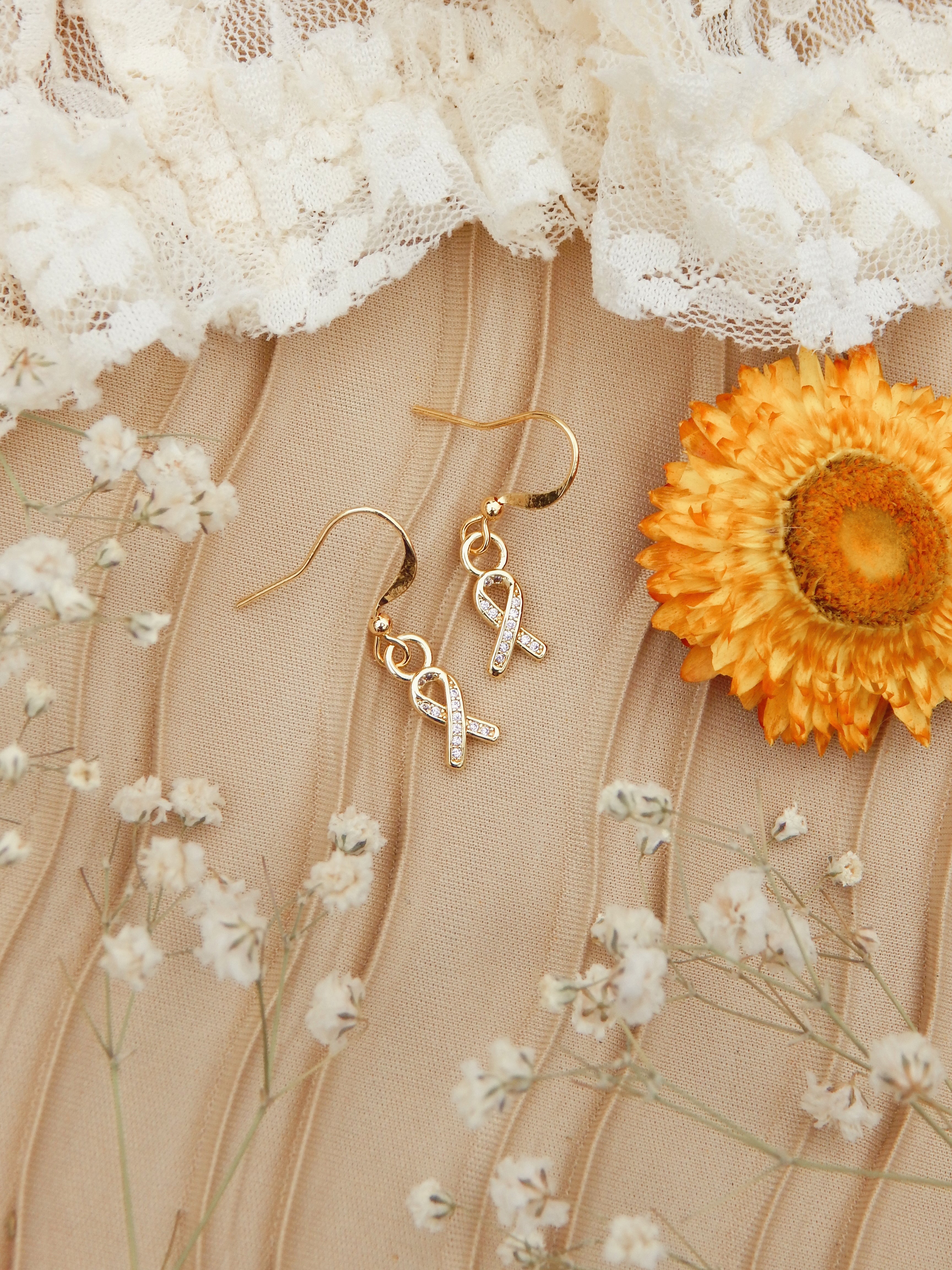 Golden Awareness Ribbon Earrings – 18k Gold Plated with Pave Cubic Zirconia