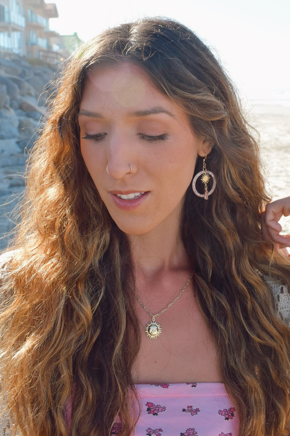 Sunlit Glow Hoop Earrings – Pink Marble Resin with Brass Sunburst & Blush Lucite Drop
