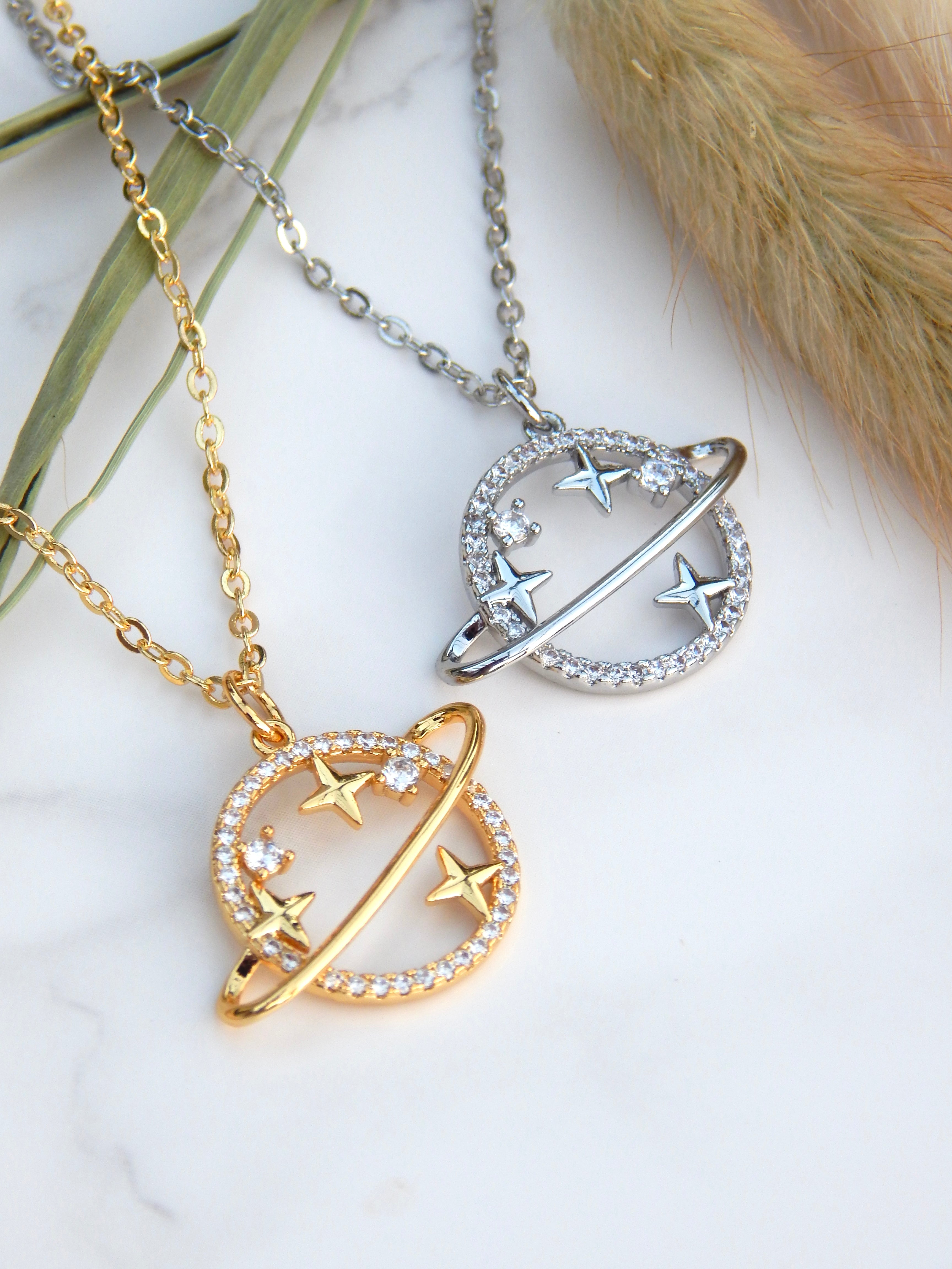 Saturn Necklace – Dainty Celestial Planet Pendant in Gold or Silver