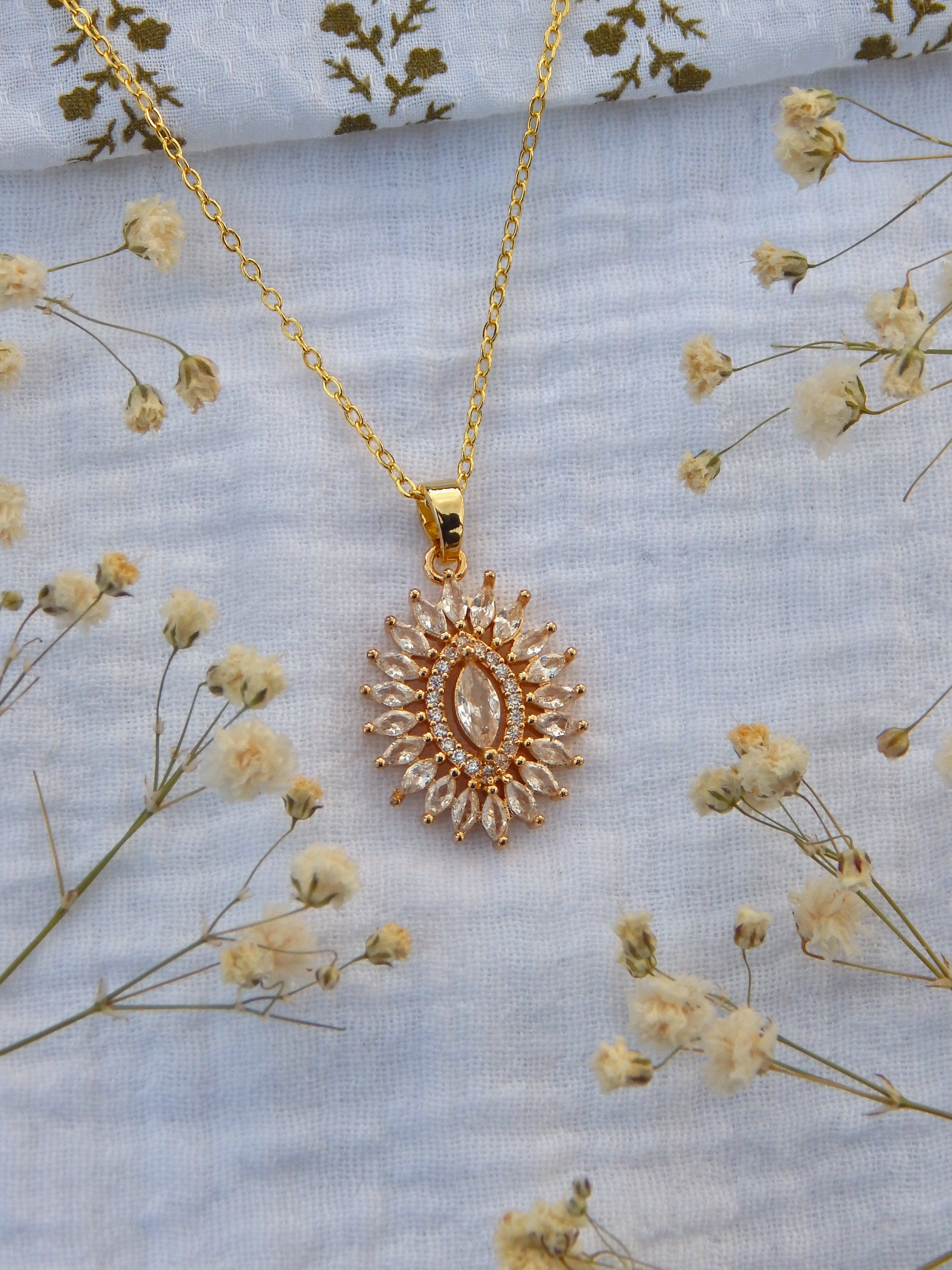 Radiant CZ Sunburst Necklace | Gold Statement Pendant | Dainty Sparkly Jewelry
