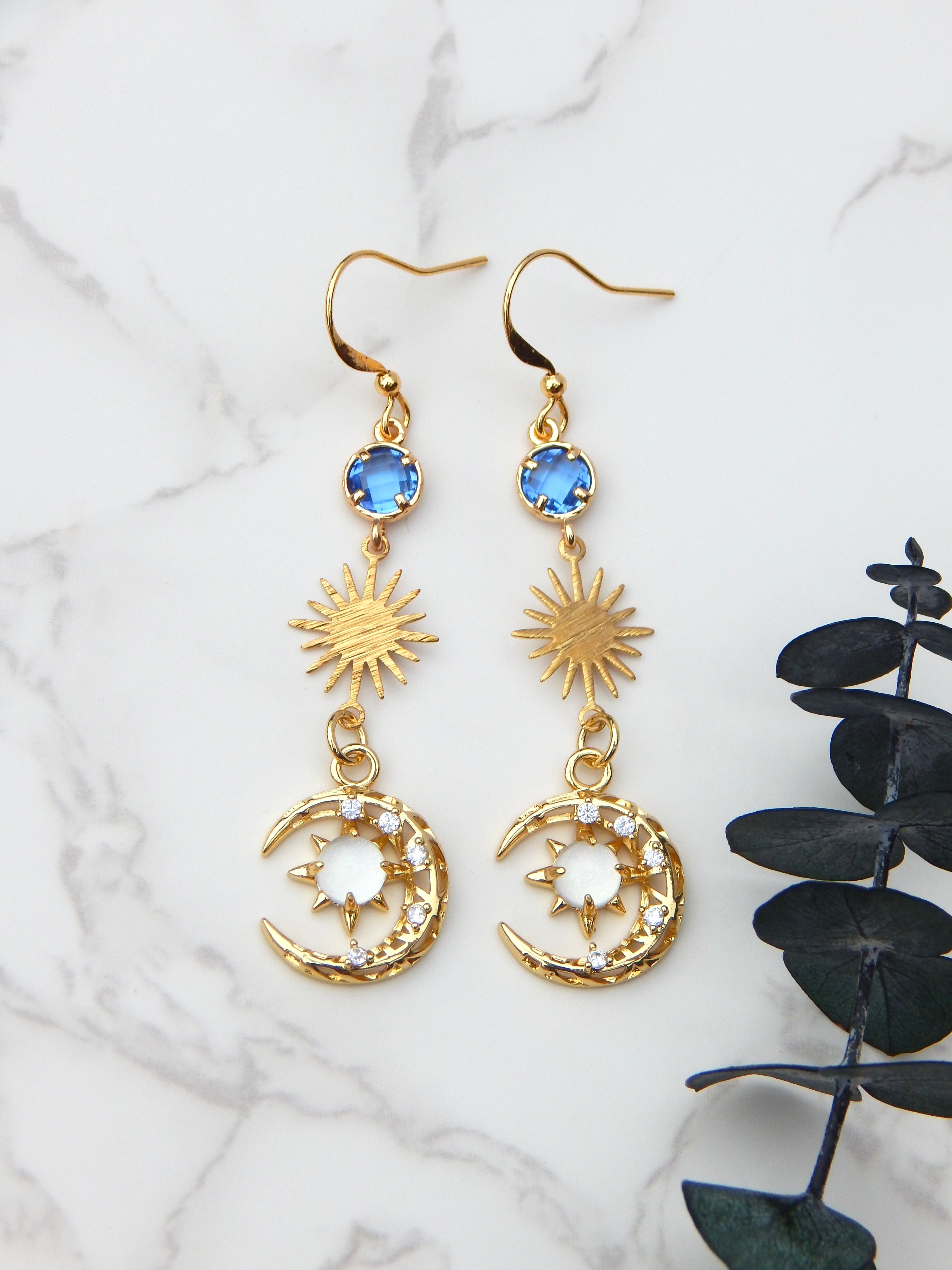 Dreamy Cosmos Earrings – Celestial Sun, Moon & Star Dangles