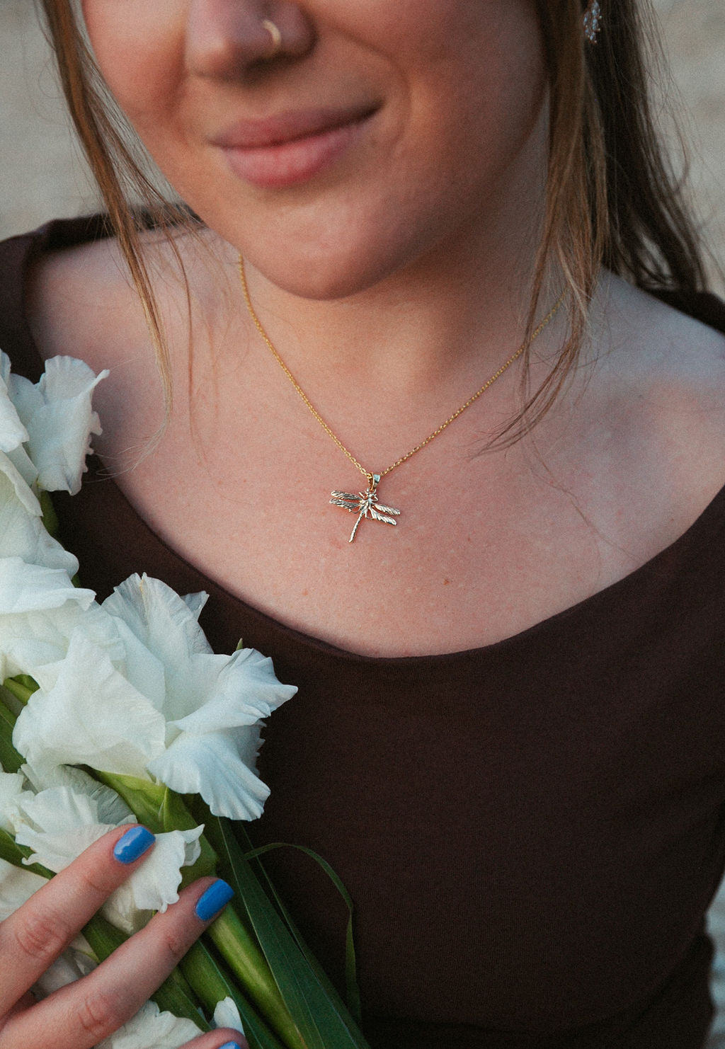 Gold Dragonfly Pendant Necklace – Boho Hippie Nature Jewelry