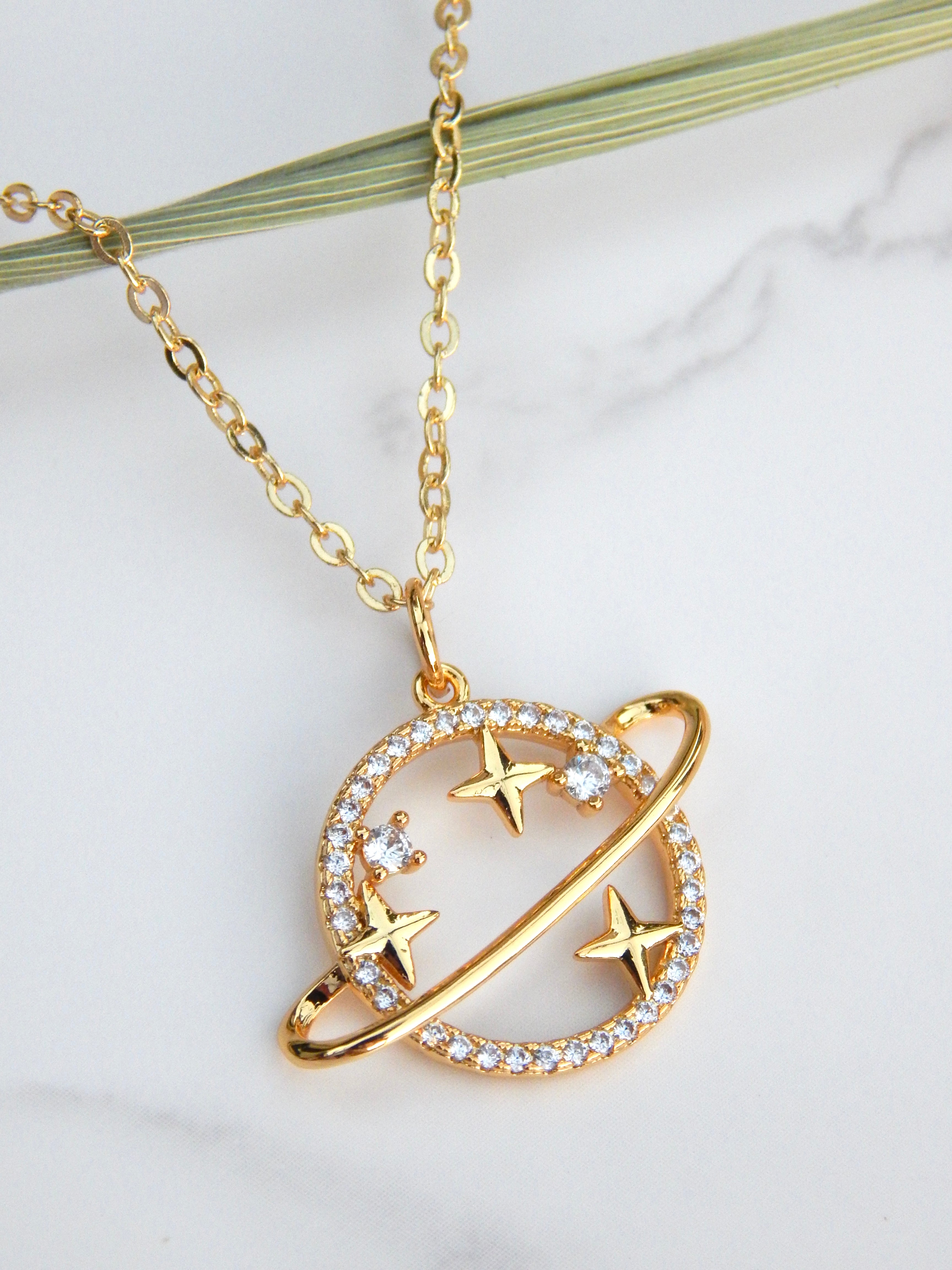 Saturn Necklace – Dainty Celestial Planet Pendant in Gold or Silver