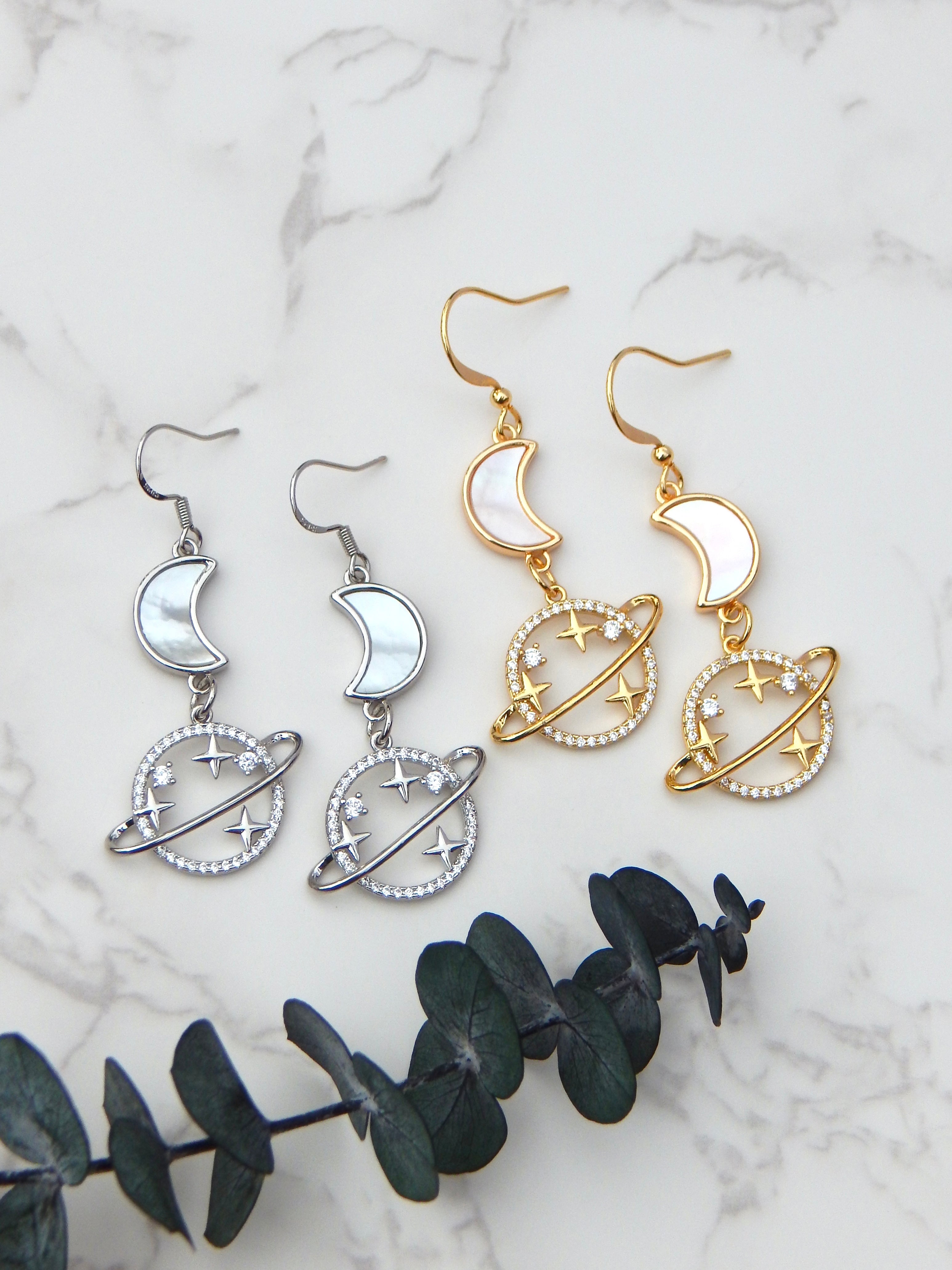 Saturn Moon Earrings – Celestial Dangles in Silver or Gold