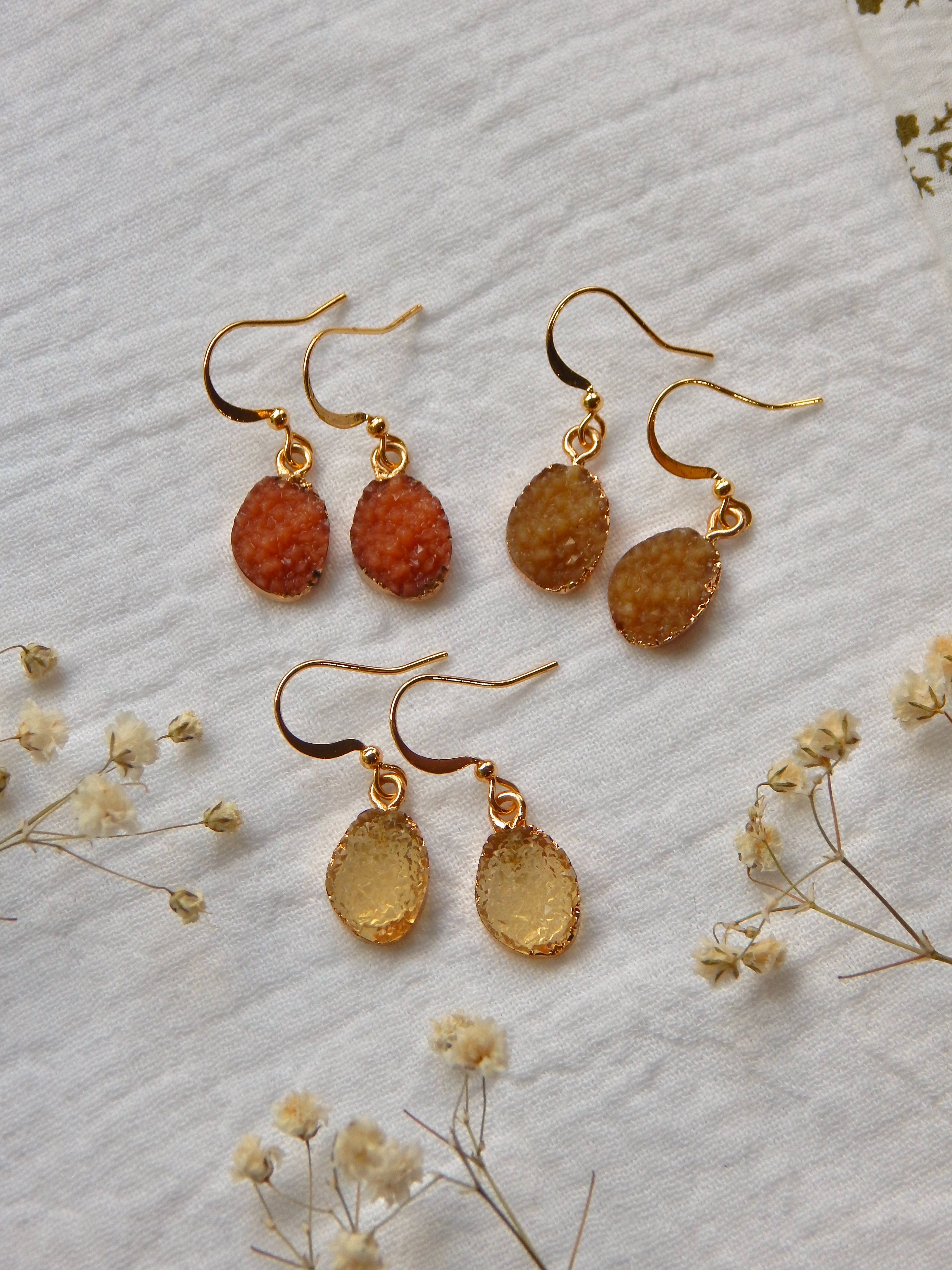 Dainty Druzy Drop Earrings – Imitation Resin Crystals on 18k Gold Plated Hooks