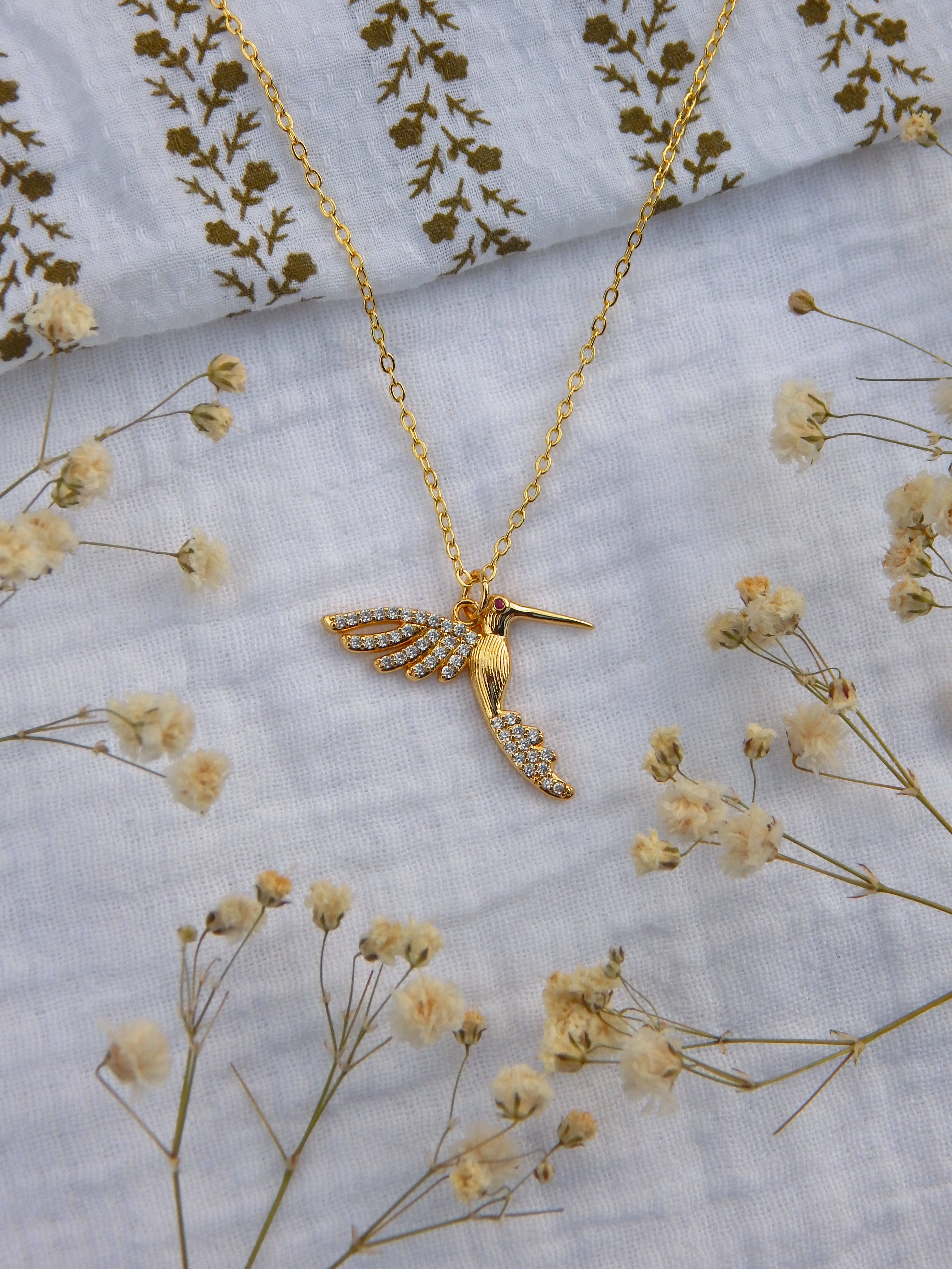 CZ Hummingbird Necklace Gold | Dainty Crystal Bird Pendant | Hypoallergenic Tarnish Resistant Jewelry