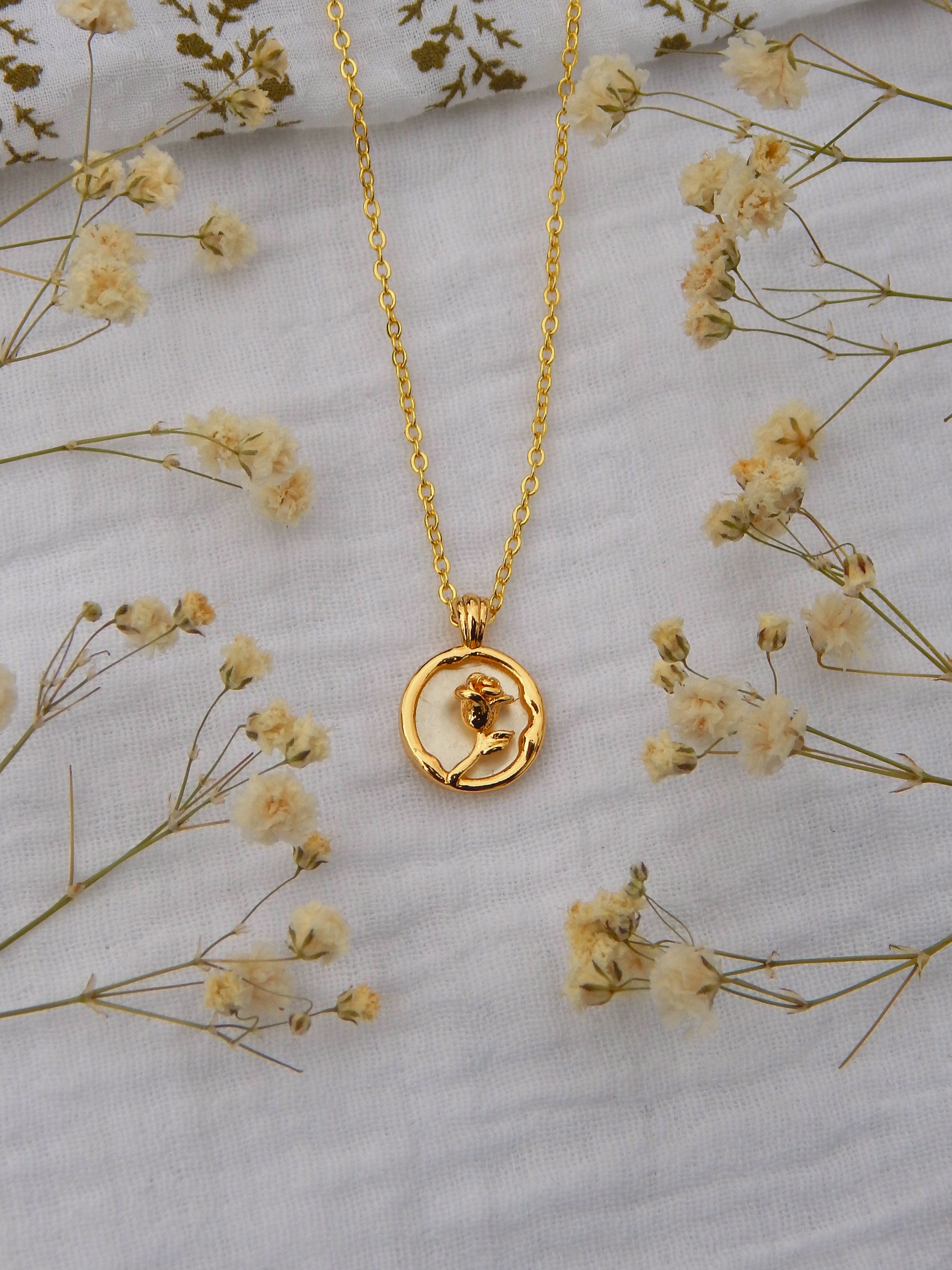 Golden Rose Mother of Pearl Necklace β Dainty Floral Pendant | Hypoallergenic, Tarnish-Resistant