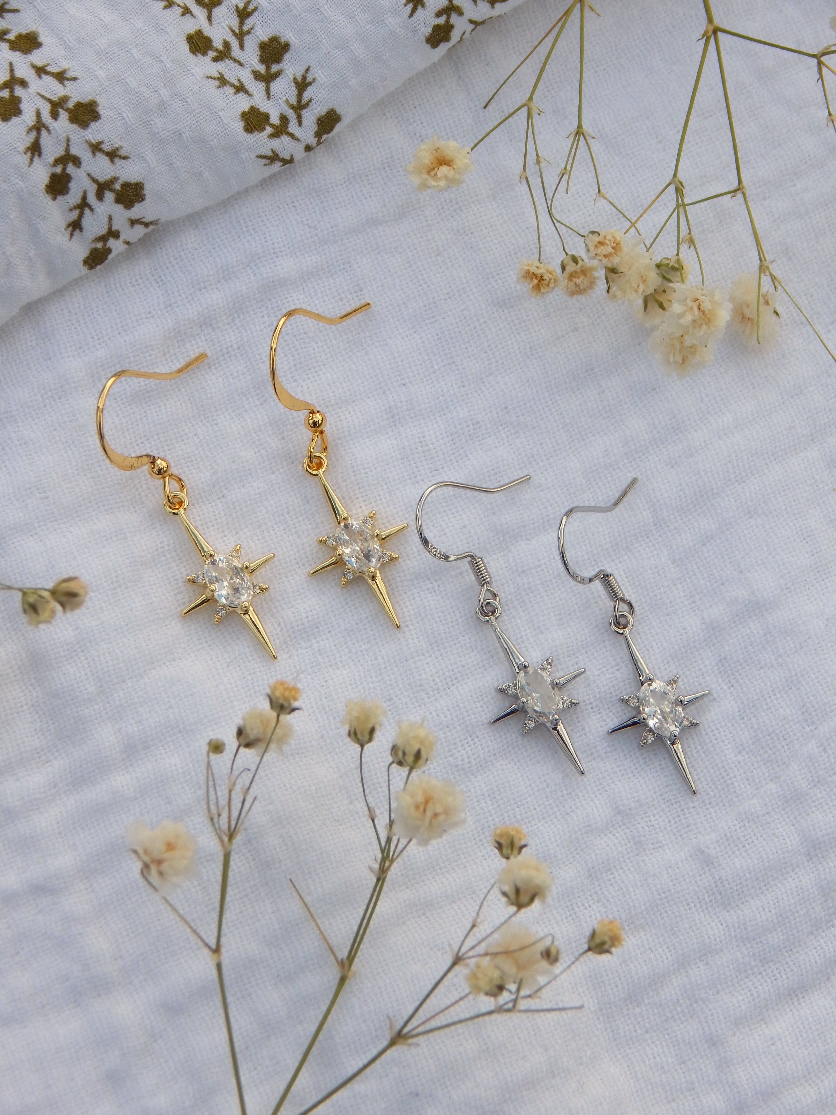 CZ Starburst Drop Earrings – Gold or Silver Sparkle Dangles | Lightweight Hypoallergenic Celestial Jewelry