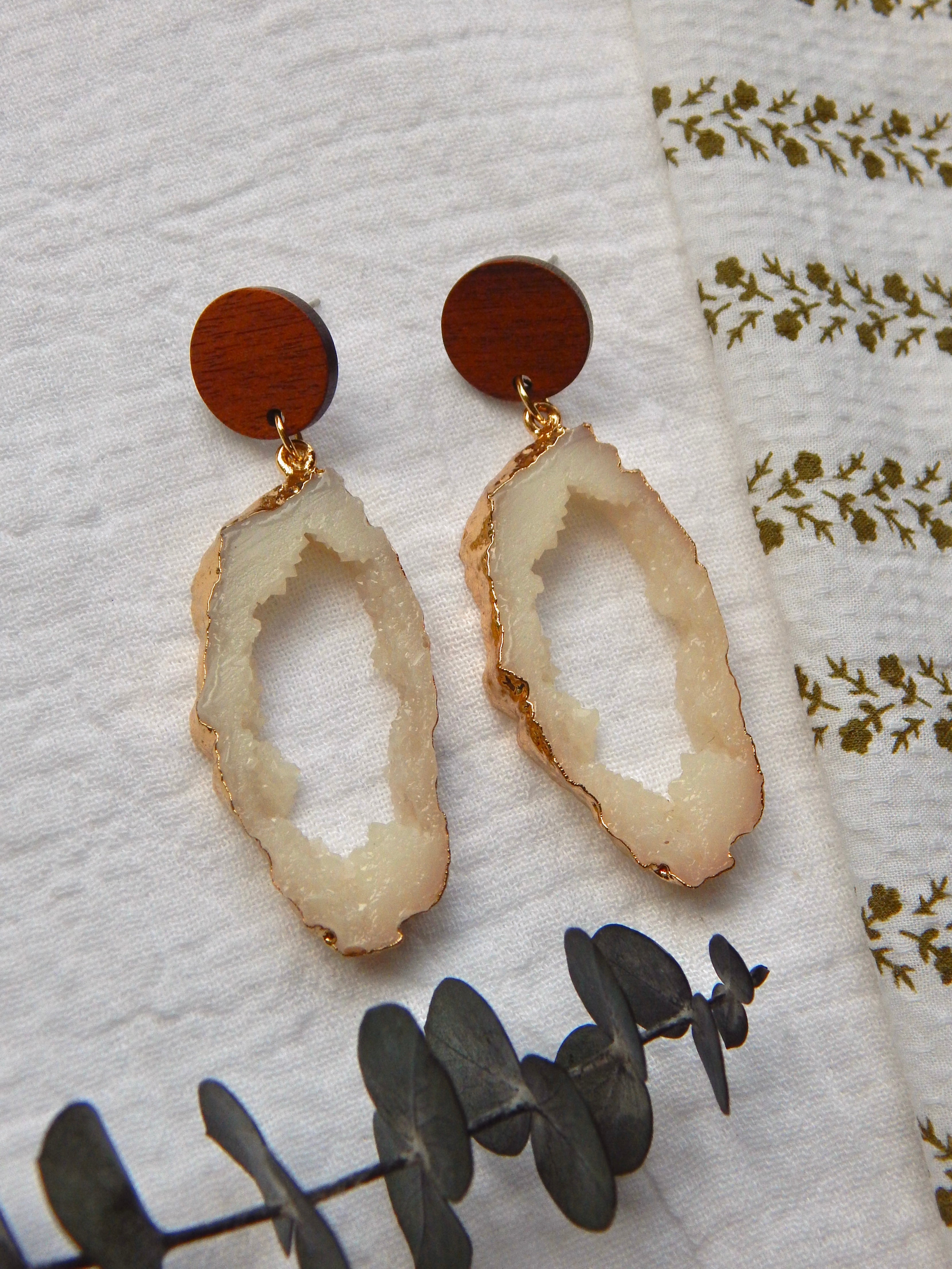 Athena Earrings – Boho Druzy Drop Earrings on Wood Stud | Lightweight, Hypoallergenic, 18k Gold Plated