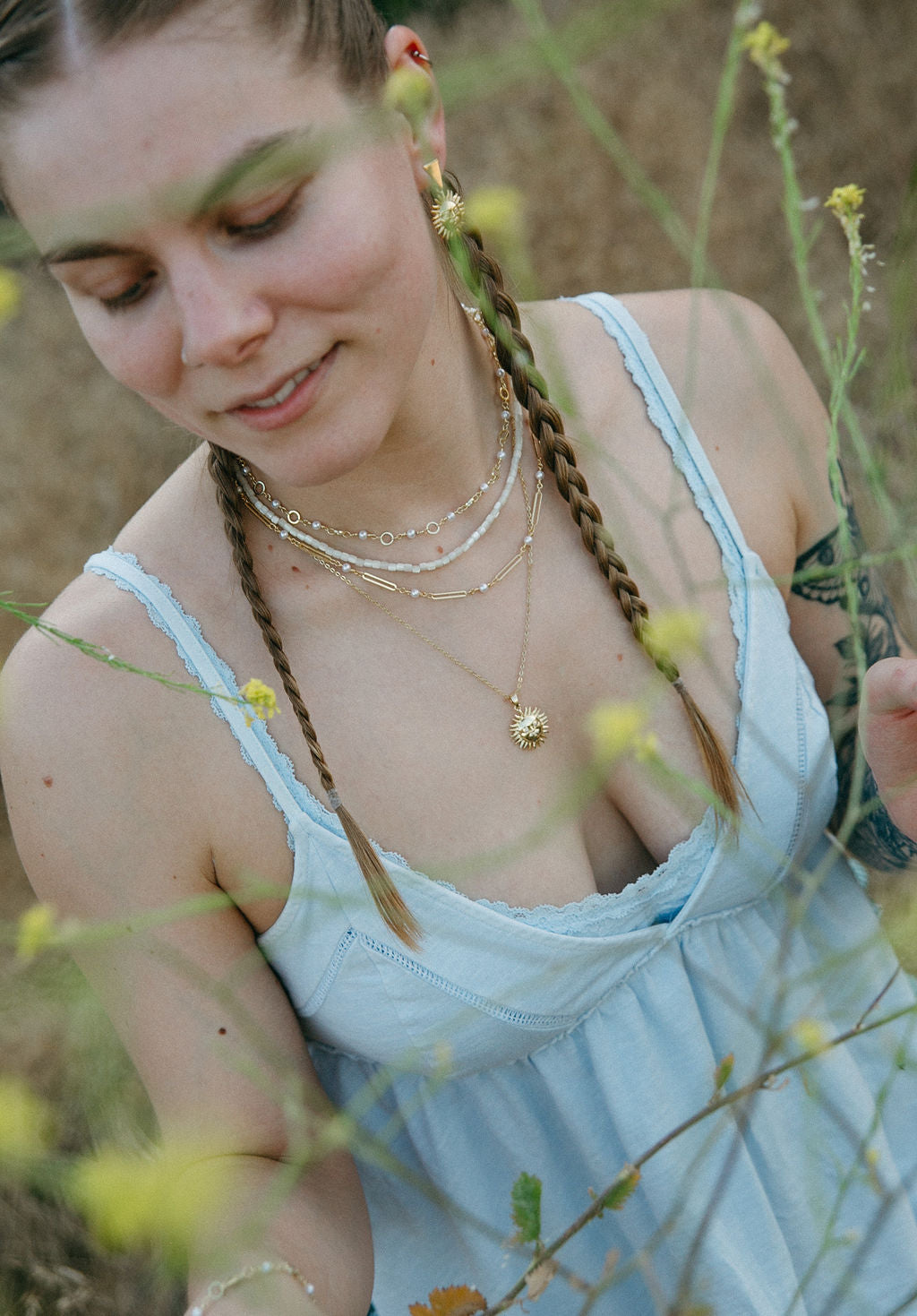 Golden Glow Necklace – Dainty Pearl & Gold Circle Layering Chain
