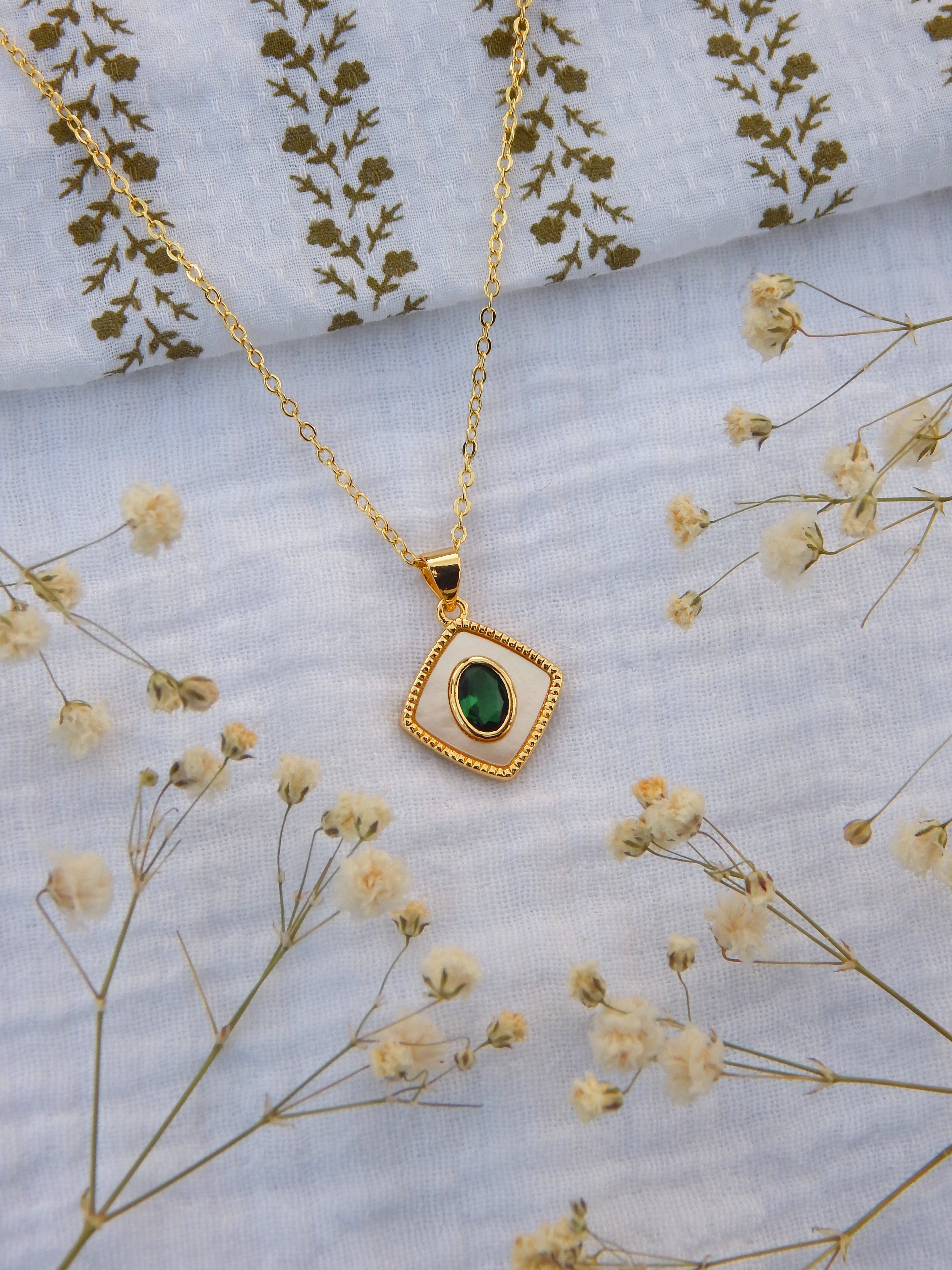 Emerald CZ Mother of Pearl Necklace | Dainty Gold Pendant | Elegant Green Gem Jewelry