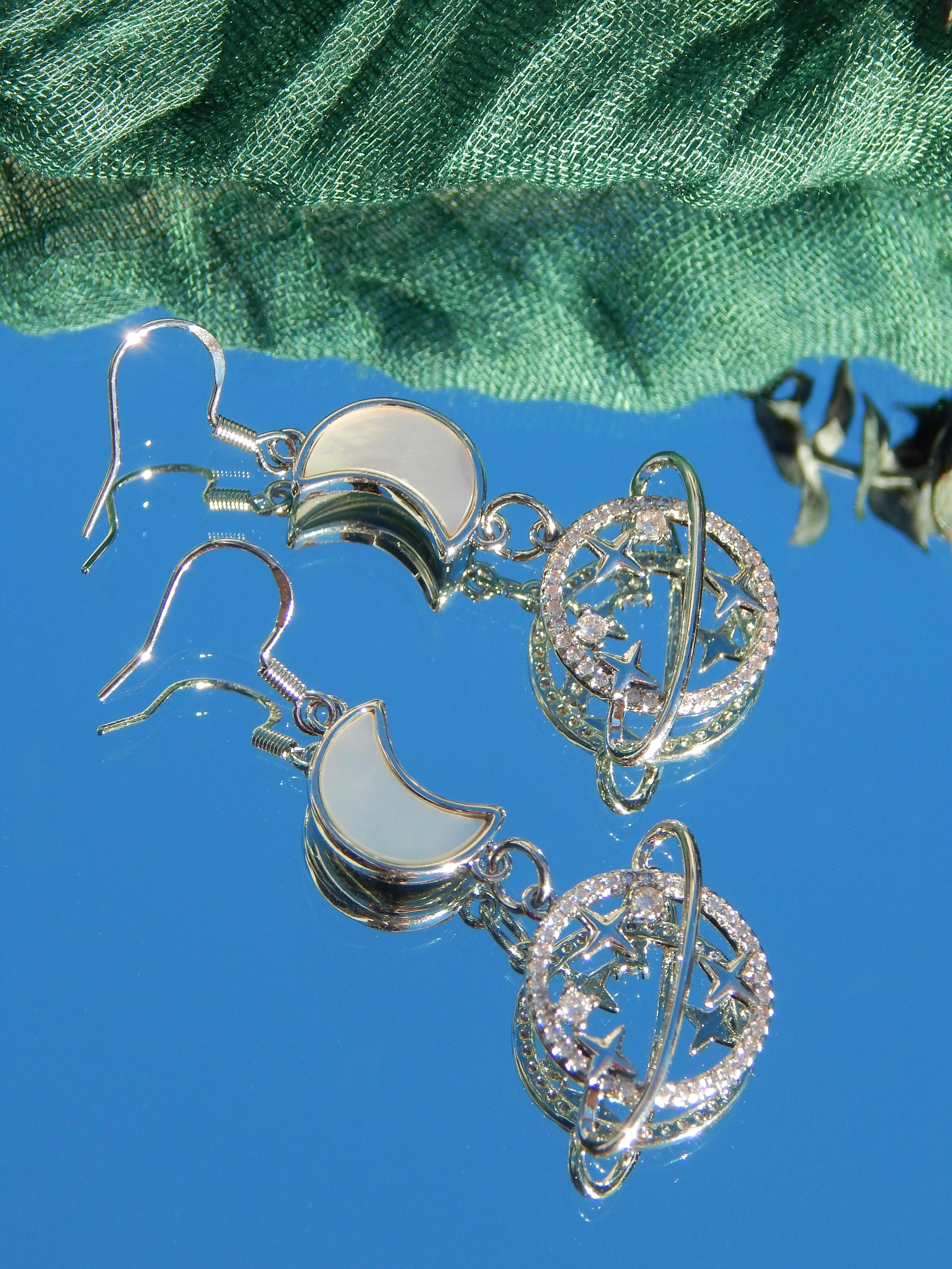 Saturn Moon Earrings – Celestial Dangles in Silver or Gold