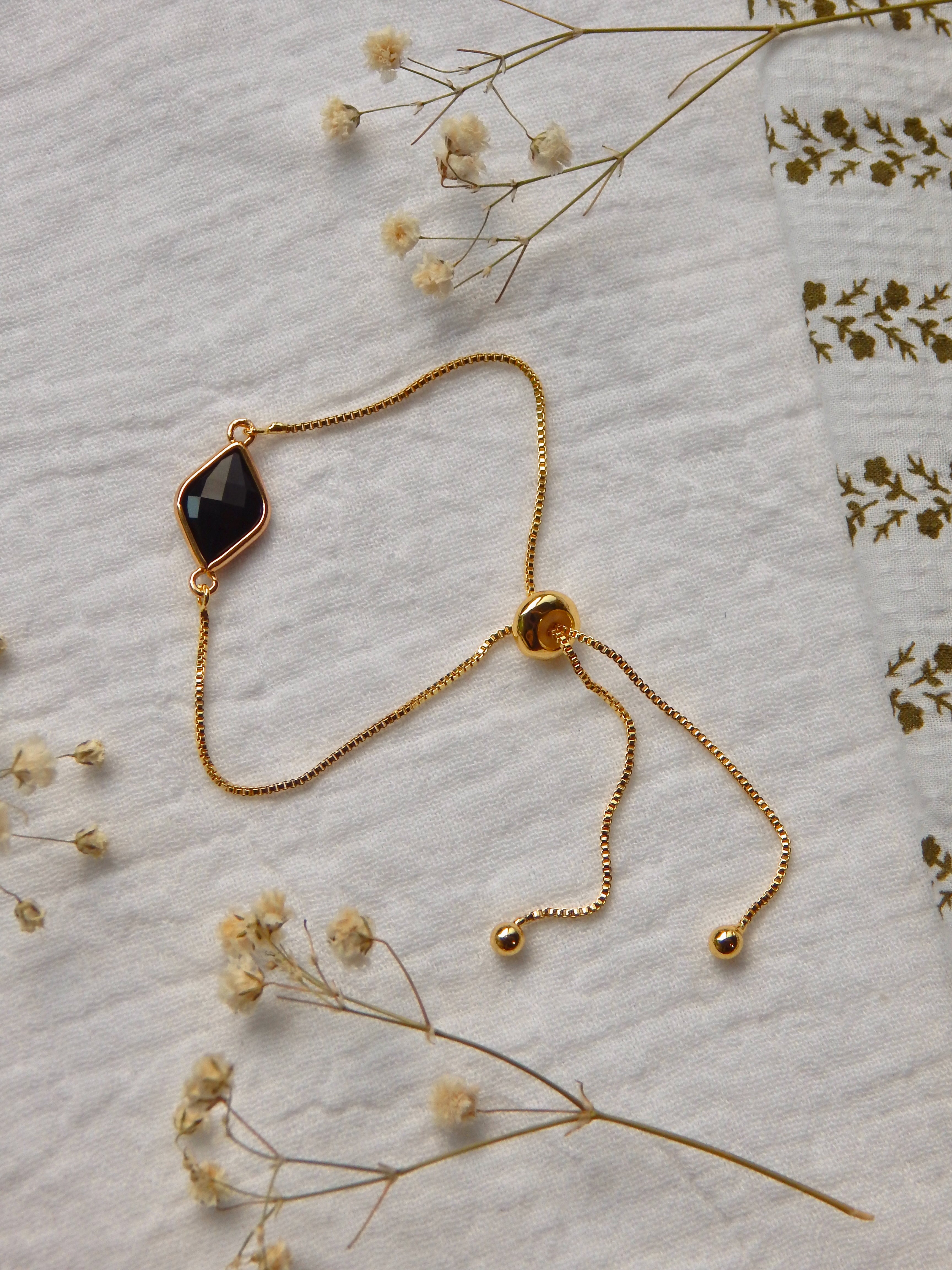 Black Glass Diamond Bracelet – Hardened Glass Gem on Adjustable 18k Gold Plated Slide Chain