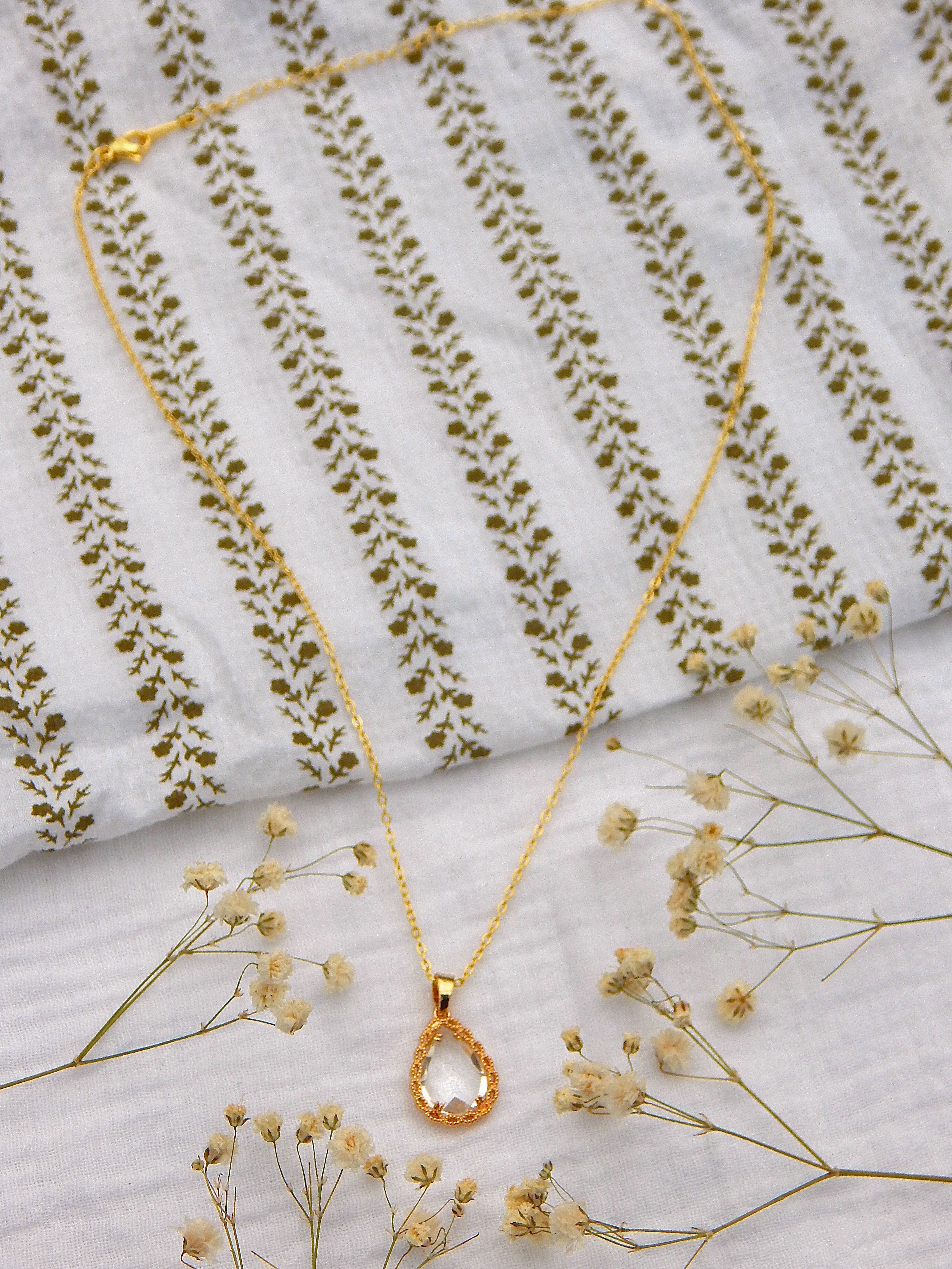 Clear Teardrop Crystal Necklace | Gold Dainty Pendant | Hypoallergenic Tarnish Resistant Jewelry