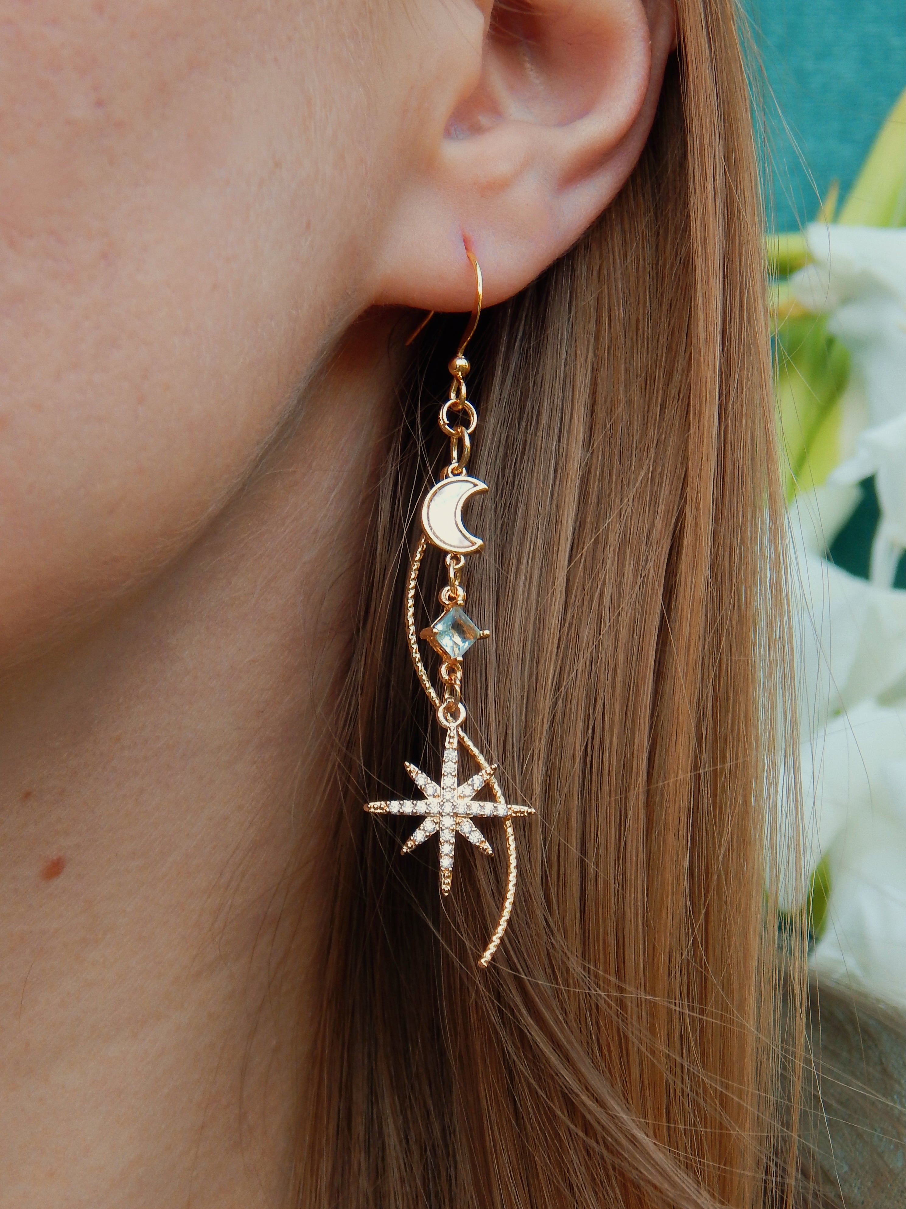 Celestial Cascade Earrings – Gold Star & Moon Dangles with CZ, Mother of Pearl & Twisted Bar Accent
