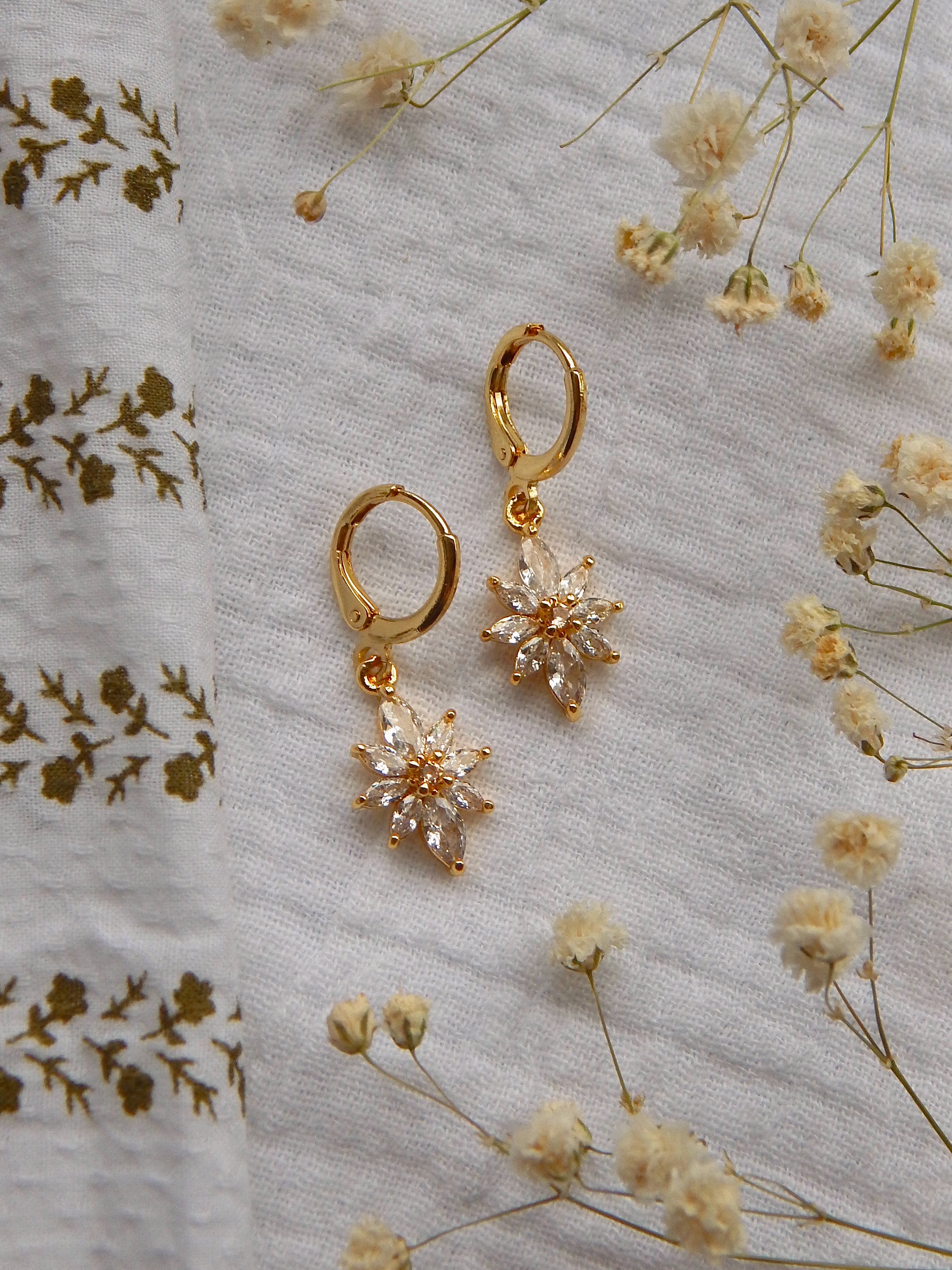 Gold CZ Flower Huggie Earrings – Dainty Floral Drop Hoops | Lightweight Hypoallergenic Jewelry