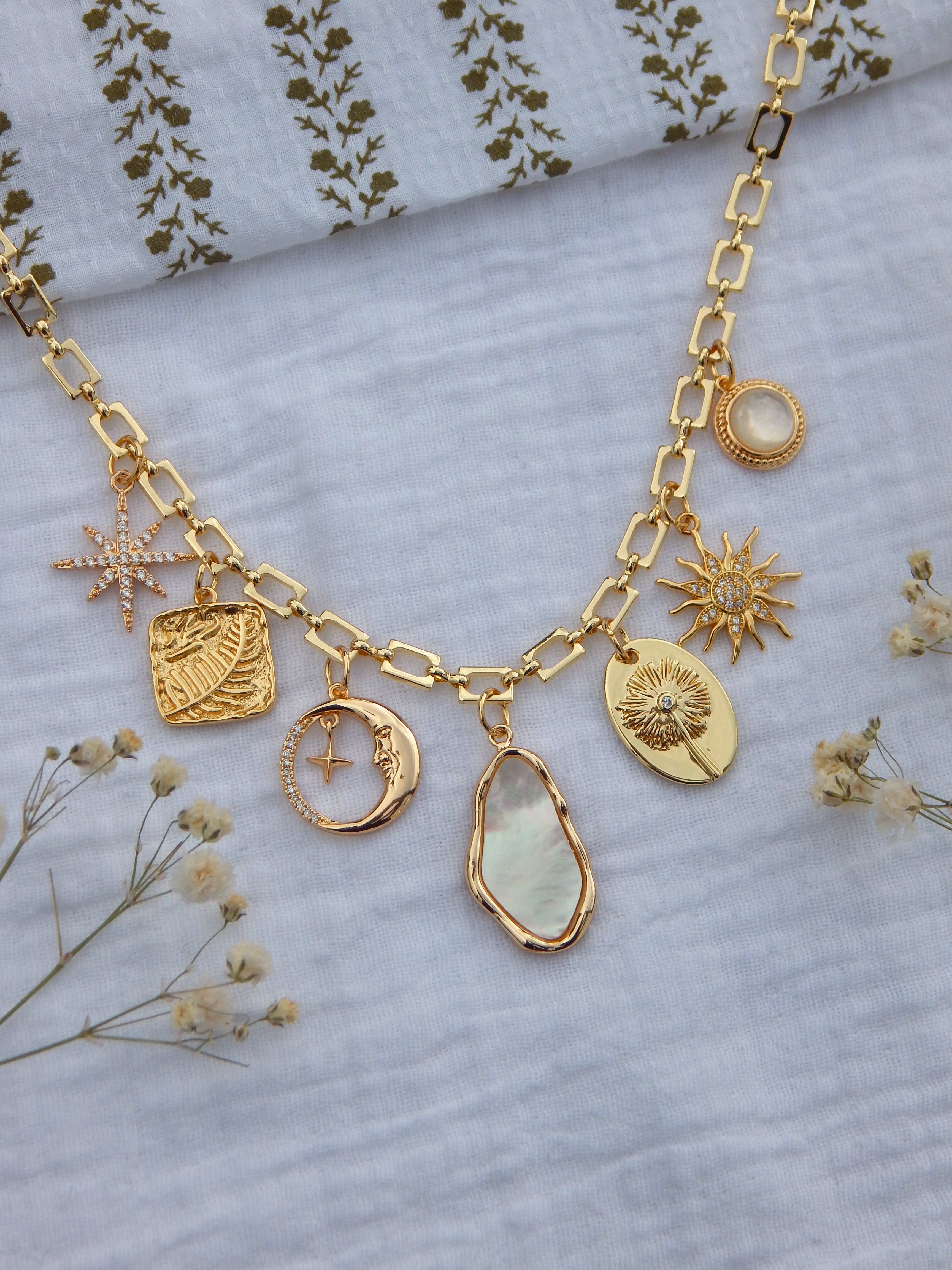 One-of-a-Kind Celestial Charm Necklace | Statement Mother of Pearl Pendant | Sun, Moon & Star Charms | Bold Rectangle Chain | Gold Hypoallergenic Jewelry