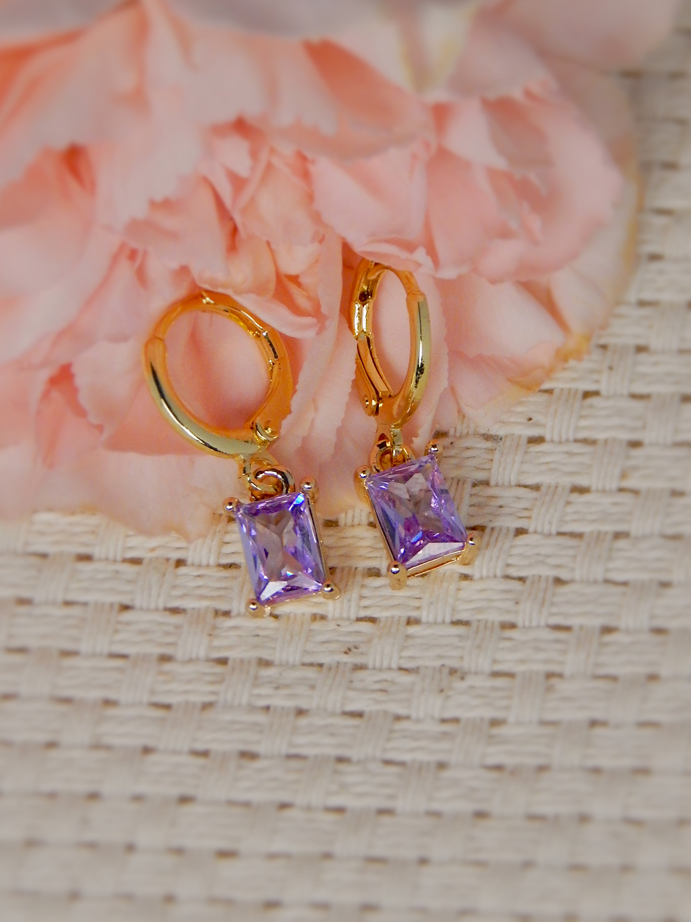 Gold huggie earrings with lavender gemstone drop earrings