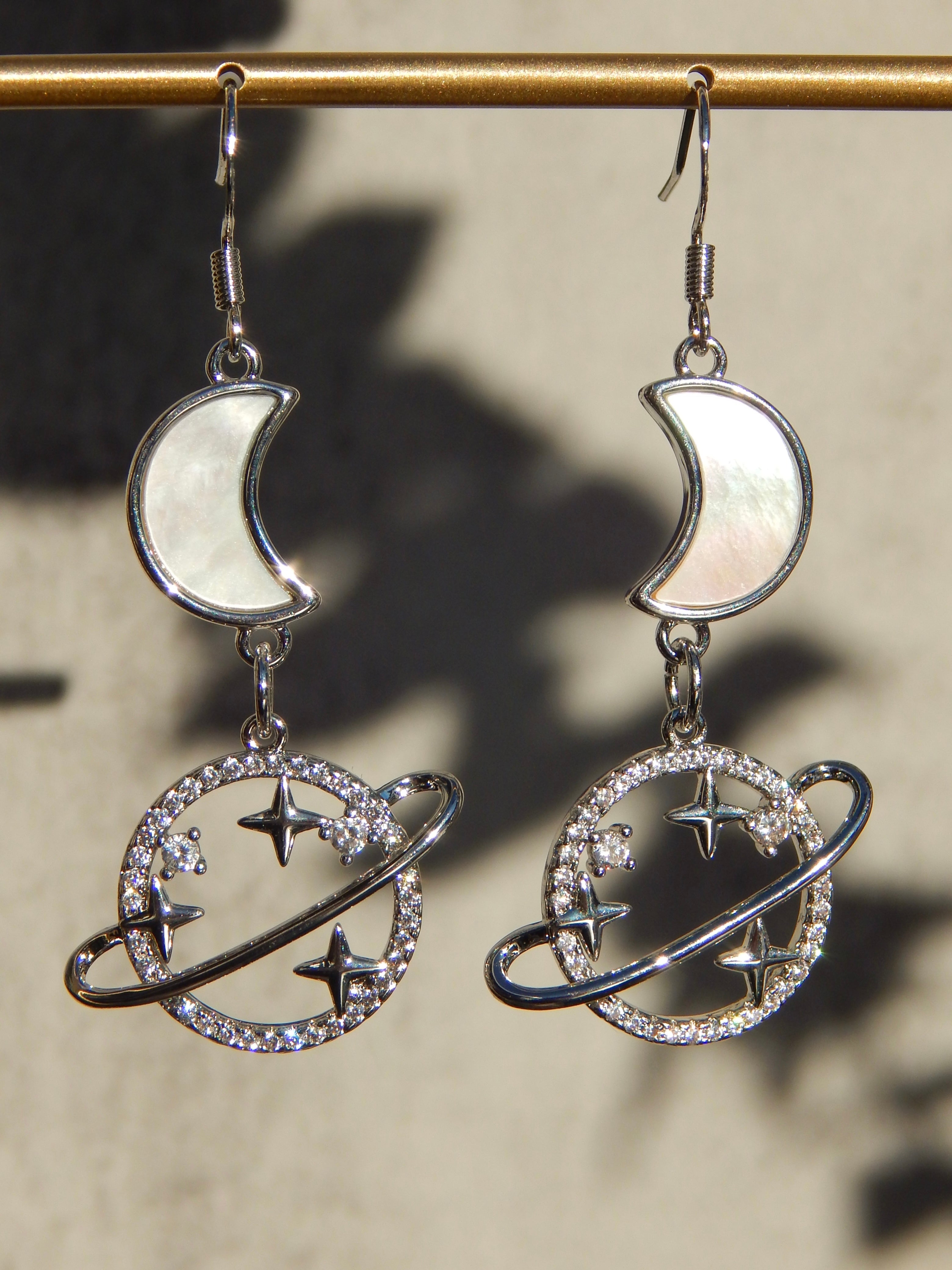 Saturn Moon Earrings – Celestial Dangles in Silver or Gold