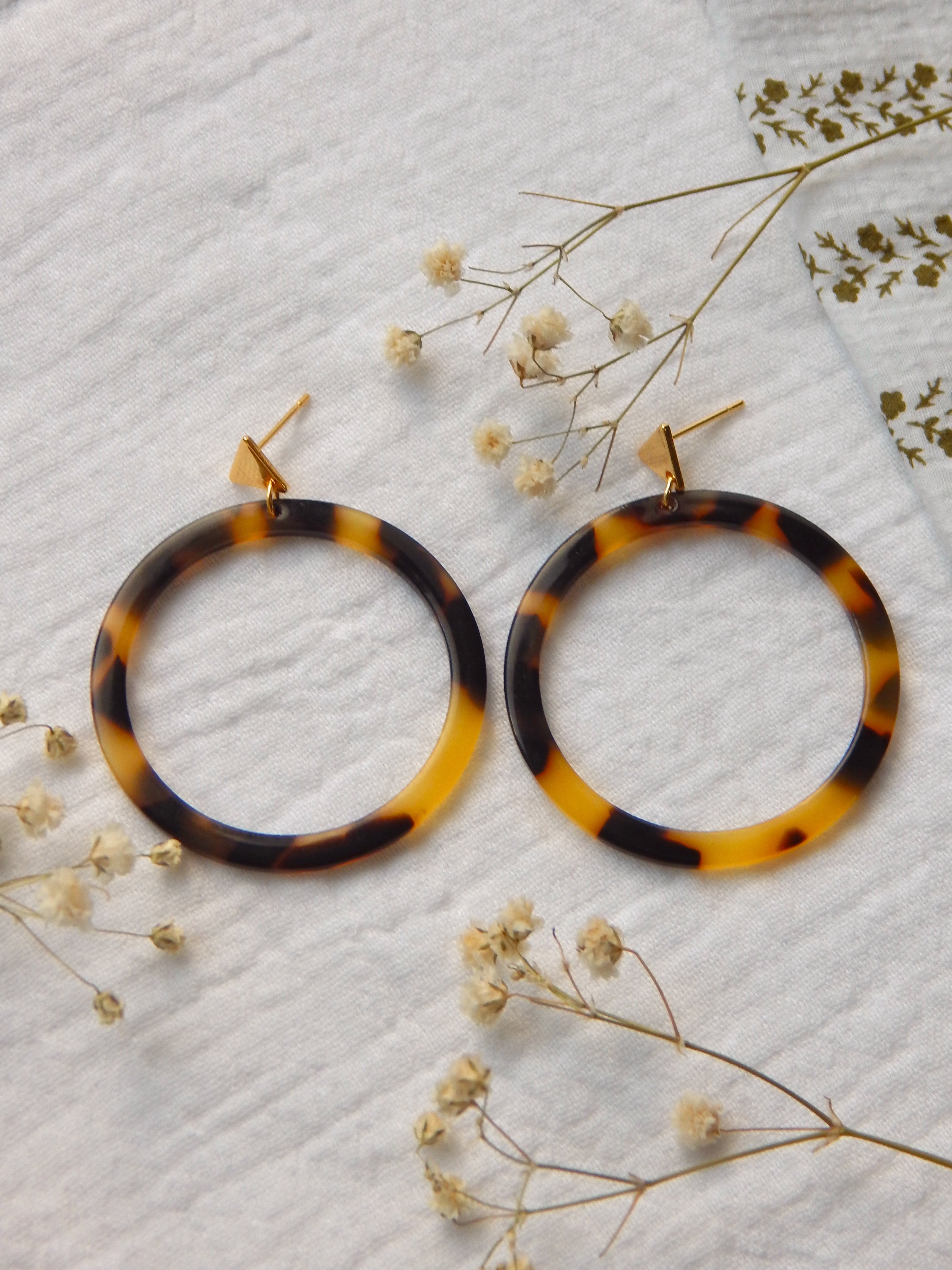 Tortoise Resin Hoop Earrings – Triangle or Diamond Stud | 18k Gold Plated, Lightweight & Hypoallergenic