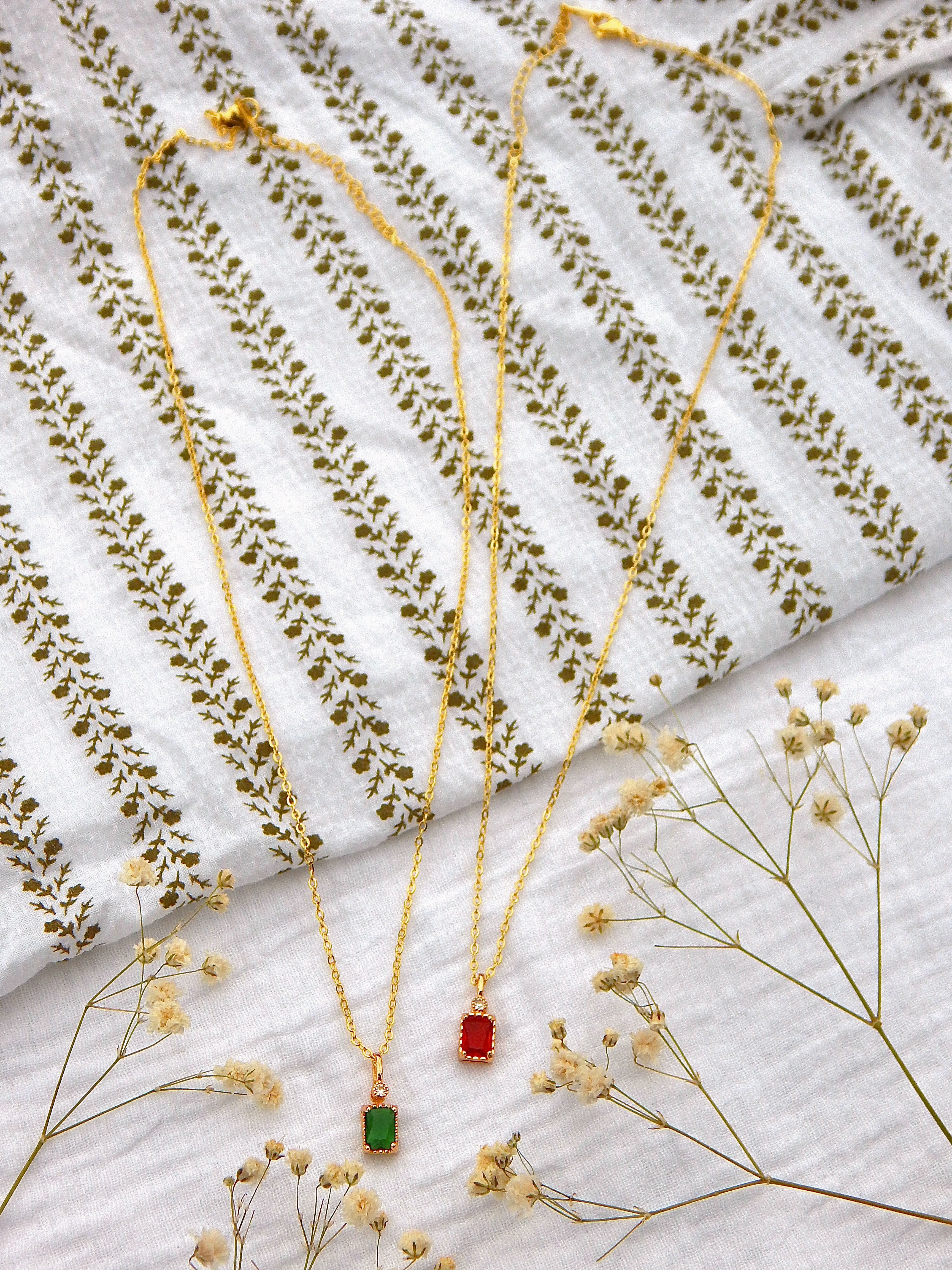 CZ Rectangle Christmas Necklace | Red or Green Holiday Pendant | Dainty Gold Hypoallergenic Jewelry