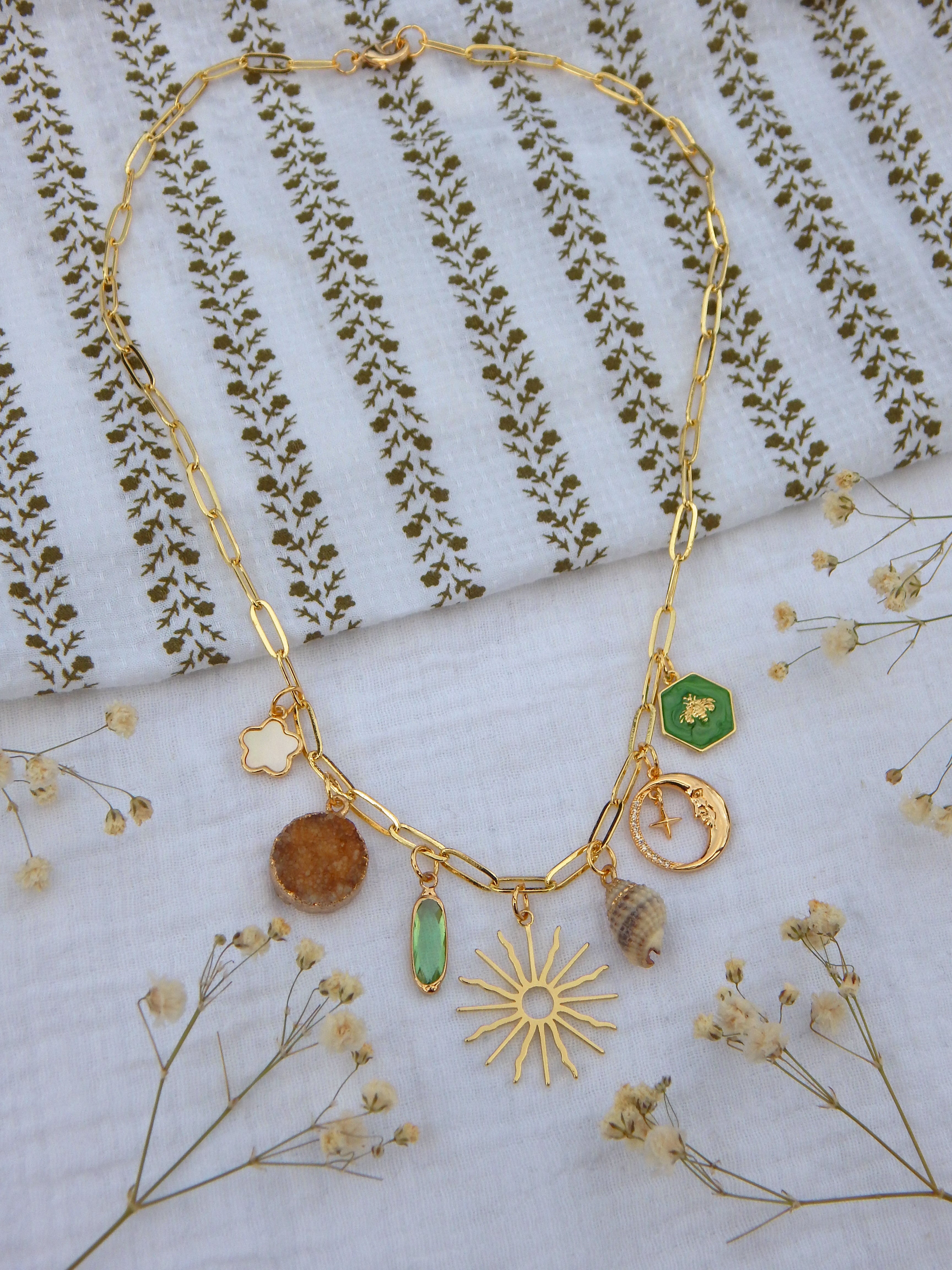 One-of-a-Kind Earthy Charm Necklace | Sunburst & Moon Necklace | Druzy Stone, Seashell & Bee Charm Pendant | 18” Gold Paperclip Chain