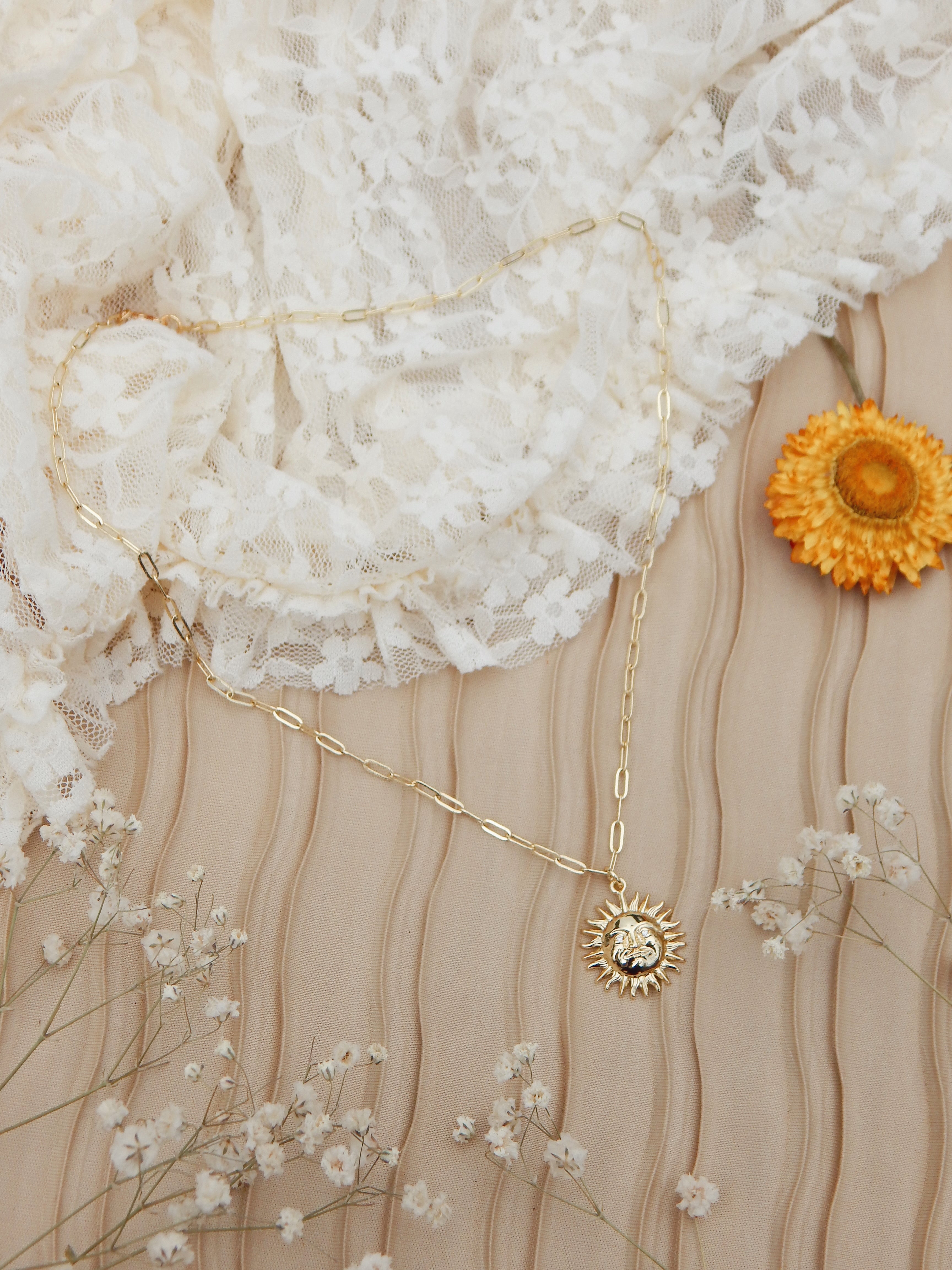 Celestial Sun Paperclip Necklace – 18k Gold Plated with Cubic Zirconia Eyes (16” & 18”)