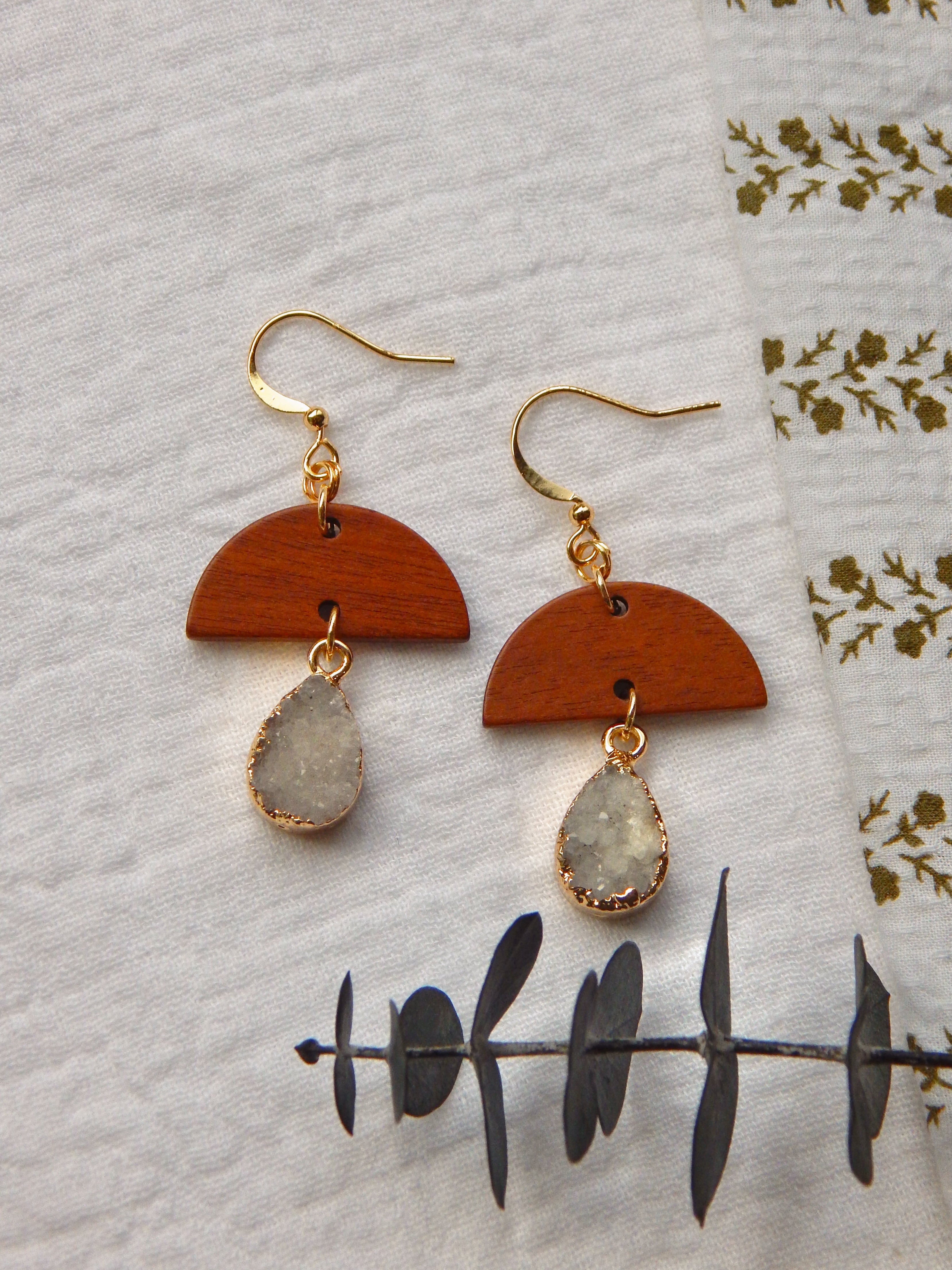 Natural Wood & Grey Druzy Earrings – Half Circle Charm with Teardrop Druzy on 18k Gold Plated Hooks